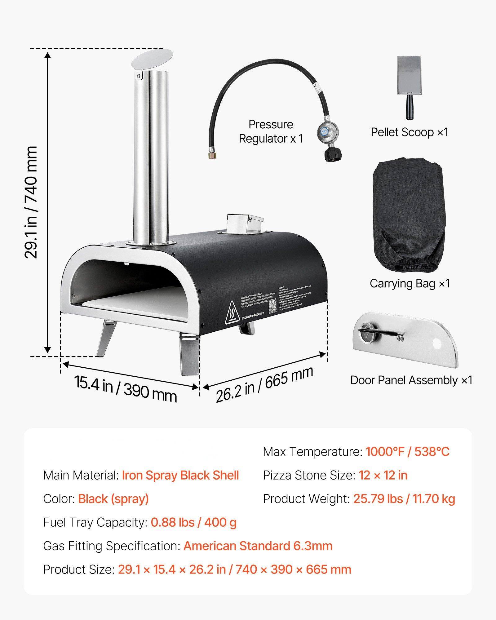 - Pressure Regulator x 1
- Pellet Scoop x 1
- Carrying Bag x 1
- Door Panel Assembly x 1

Main Material: Iron Spray Black Shell  
Color: Black (spray)  
Fuel Tray Capacity: 0.88 lbs / 400 g  
Gas Fitting Specification: American Standard 6.3mm  
Product Size: 29.1 x 15.4 x 26.2 in / 740 x 390 x 665 mm  

Max Temperature: 1000°F / 538°C  
Pizza Stone Size: 12 x 12 in  
Product Weight: 25.79 lbs / 11.70 kg