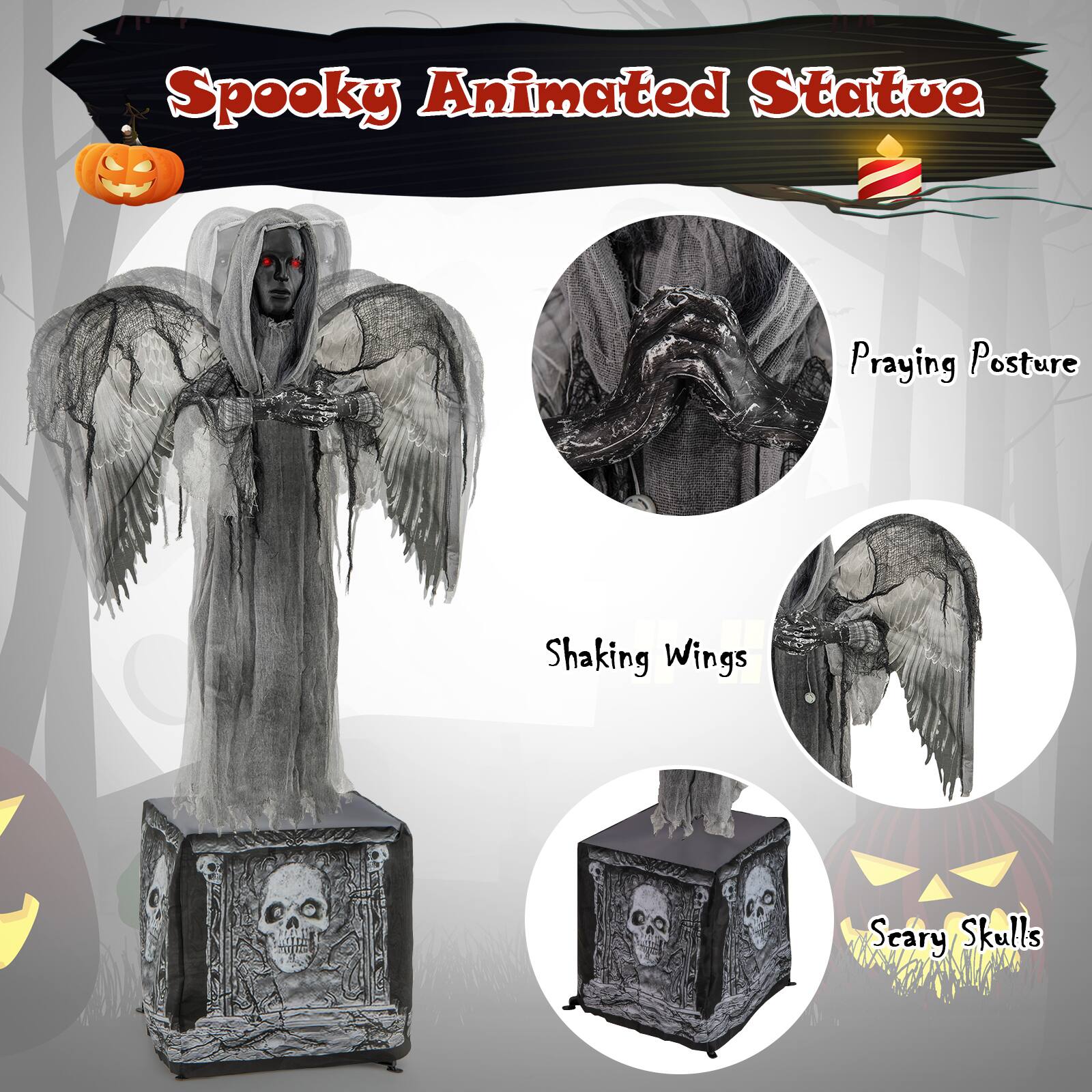 Spooky Animated Statue Praying Posture Shaking Wings 37201 Dai 20 Scary Skulls