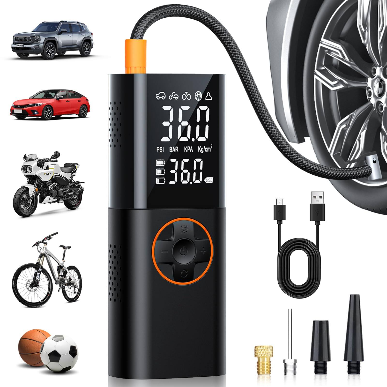 JETRANSPORT - Tire Inflator Portable Air Compressor - 150psi Fast Cordless Pump For Car Tires Rechargeable Bike With Digi - Default