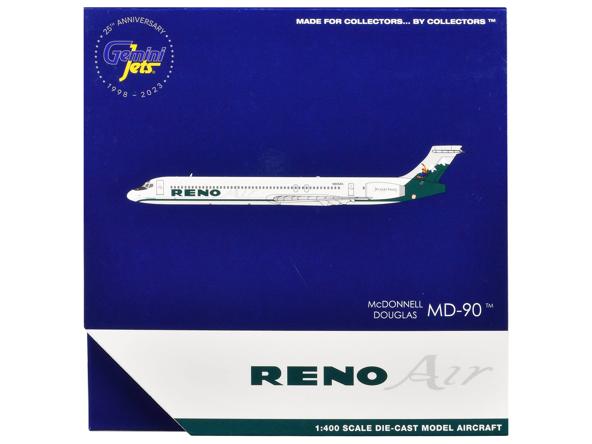 25th Anniversary  
Gemini Jets  
1998 - 2023  

MADE FOR COLLECTORS... BY COLLECTORS™  

McDONNELL DOUGLAS MD-90™  

RENO Air  

1:400 SCALE DIE-CAST MODEL AIRCRAFT