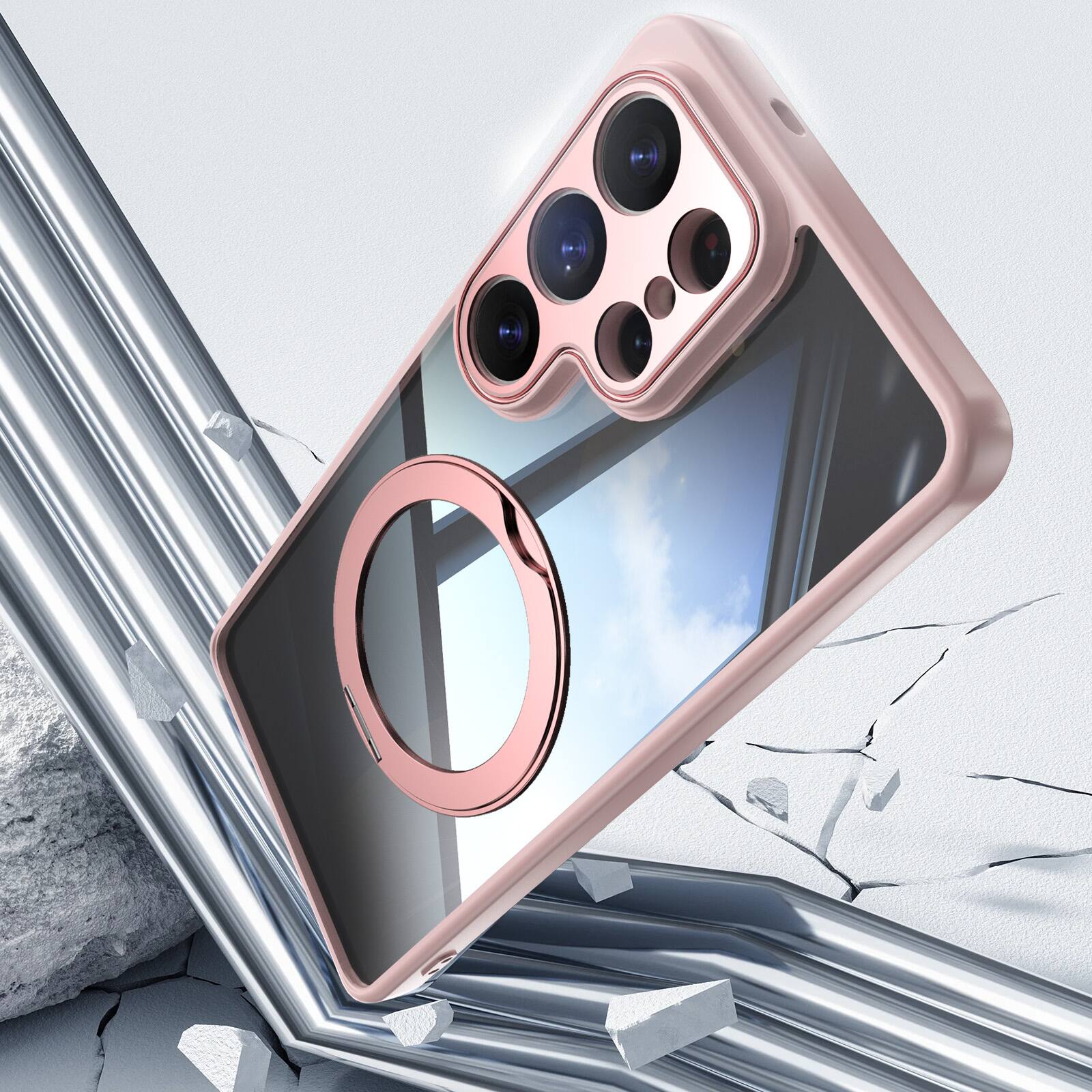 Alt View 2. Dteck - Magnetic Clear Case For Samsung Galaxy S26 Ultra, Shockproof Anti-Scratch 360° Ring Holder Stand PC+TPU Protection Cover - Pink.