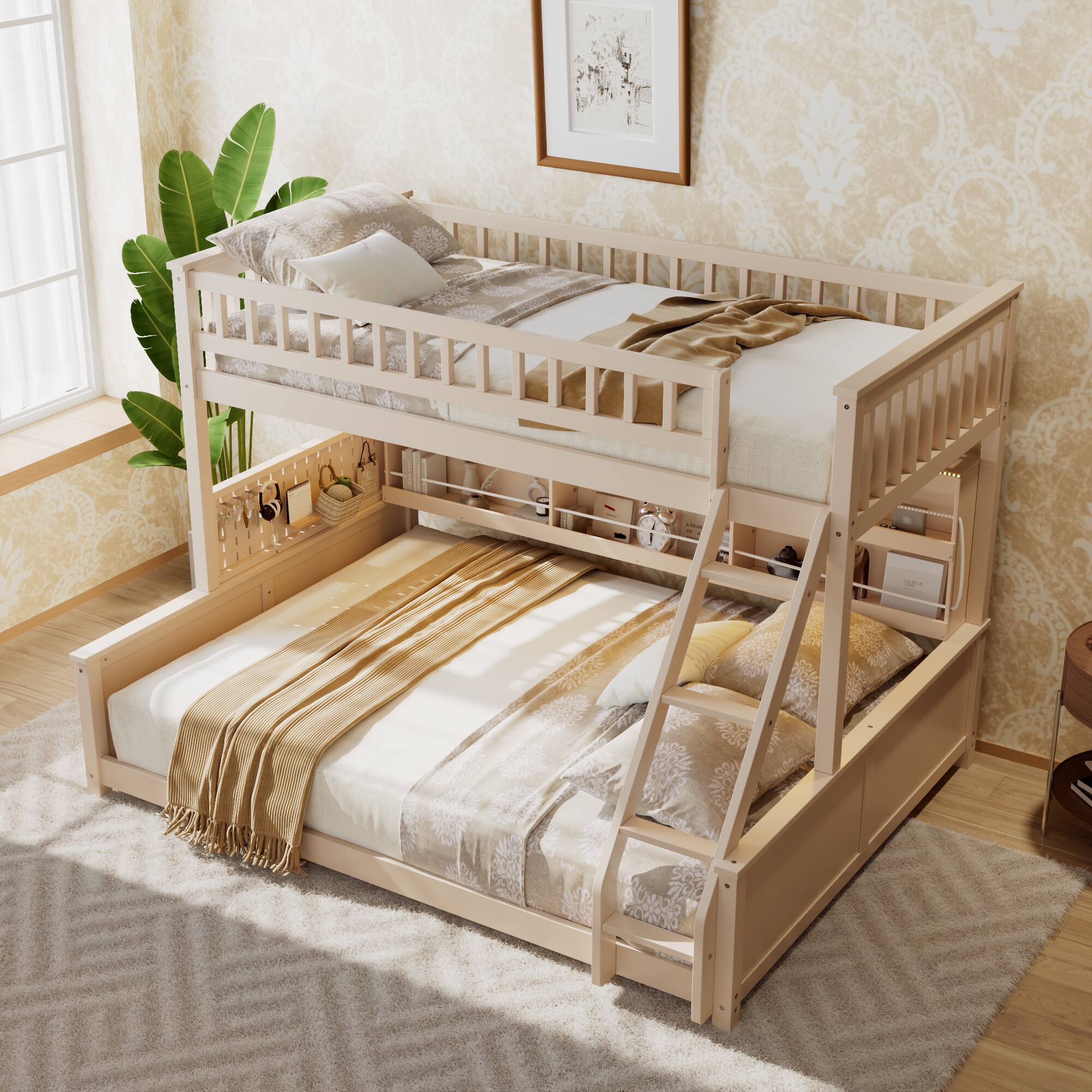 Angle. Anysun - Twin XL over Queen Bunk Bed with Integrated Shelving, Color-Changing Lights and Pegboard - Beige.