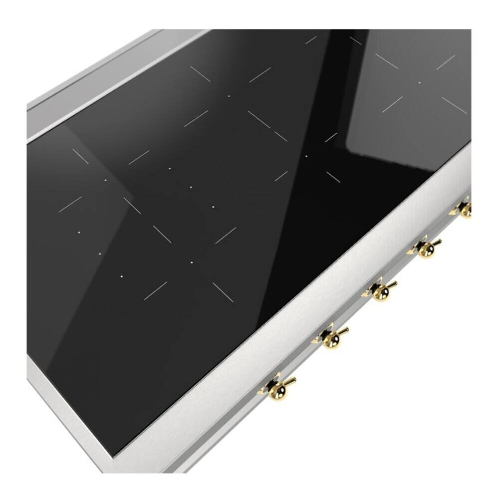 Angle. ILVE - ILVE Nostalgie II 48 inch Built-In Induction Rangetop with 6 Elements (Stainless Steel, Brass Trim) - Stainless Steel.