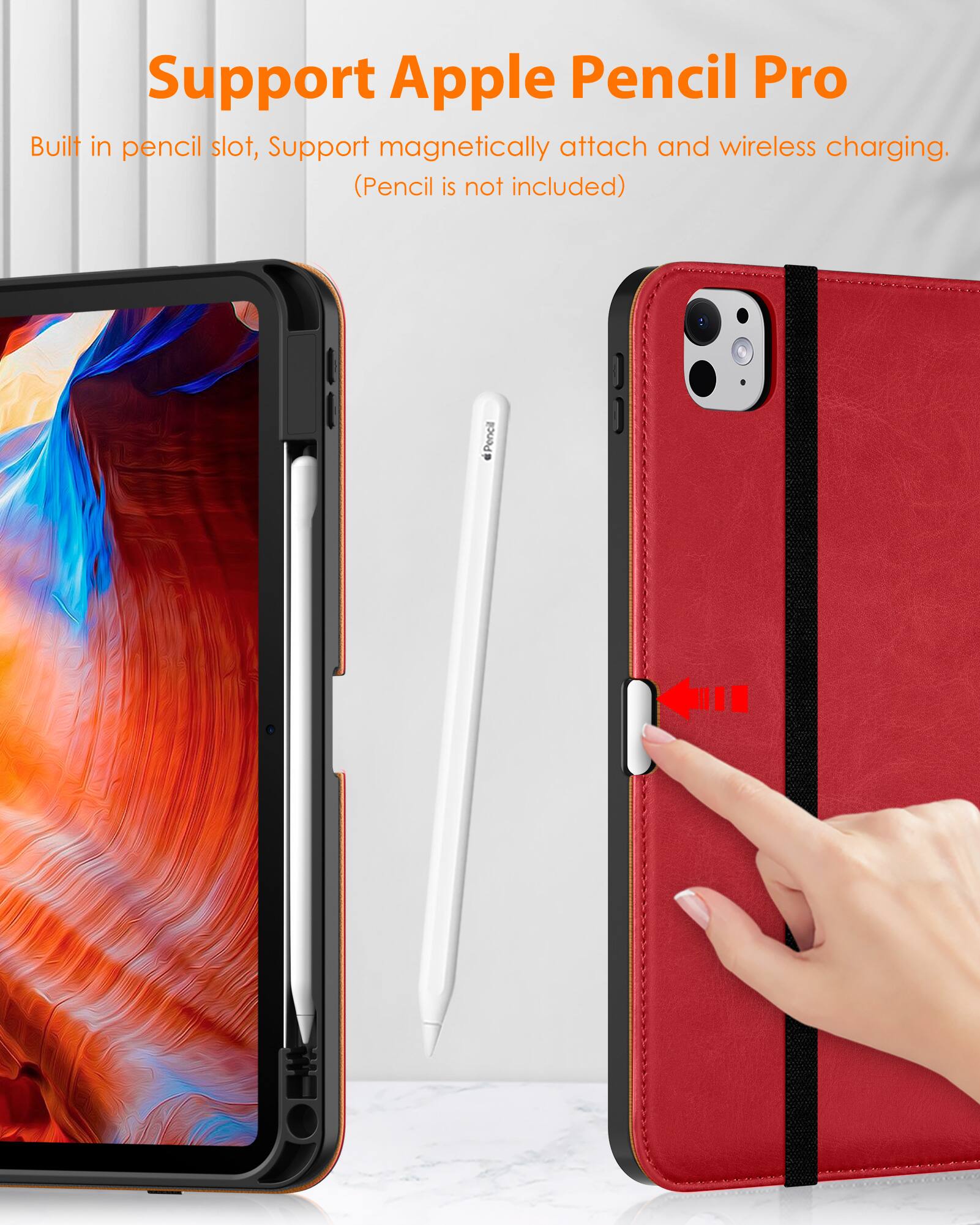 Support Apple Pencil Pro

Built in pencil slot, Support magnetically attach and wireless charging. (Pencil is not included)
