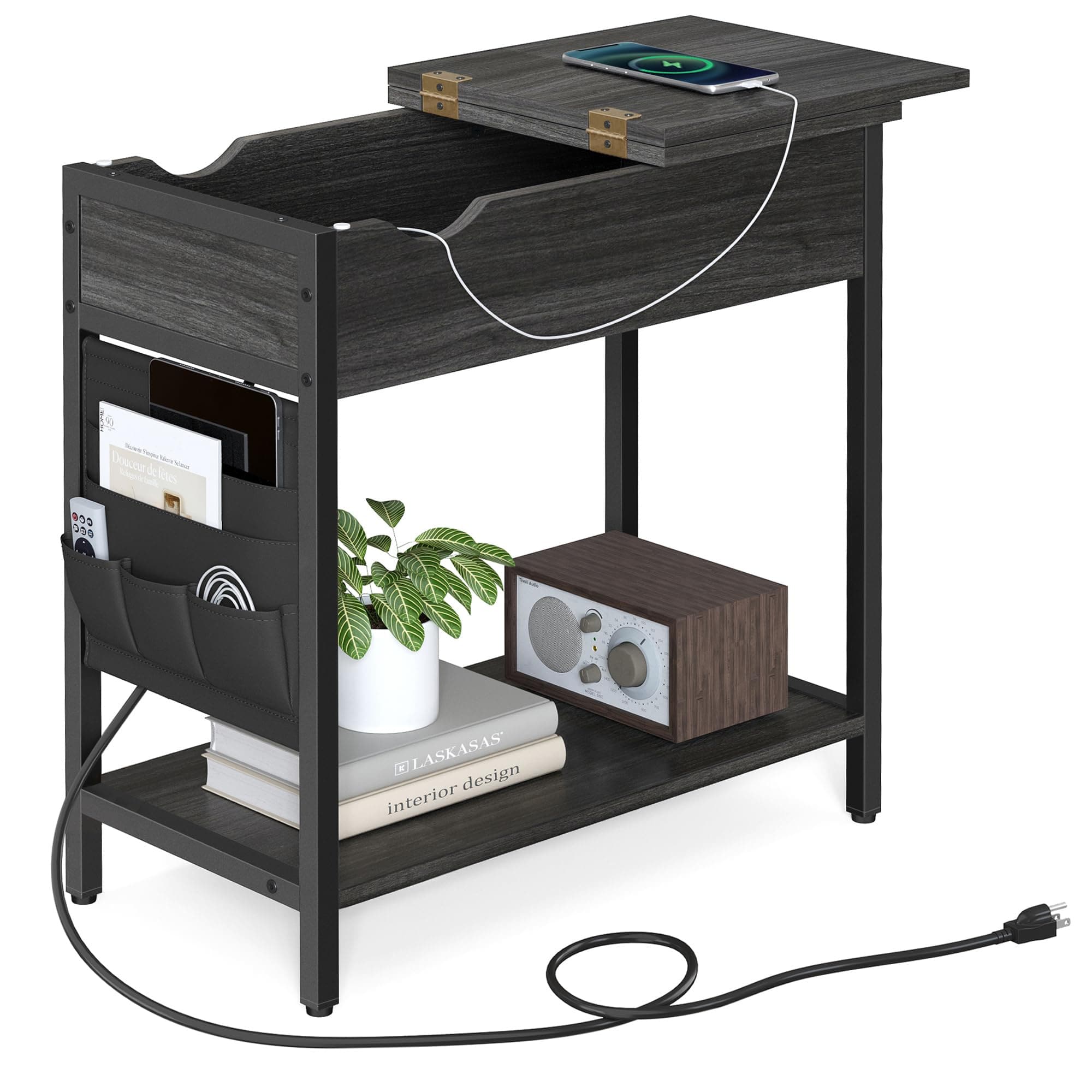 Songmics Home - Side Table with Charging Station Ebonized and Black Finish - Oak