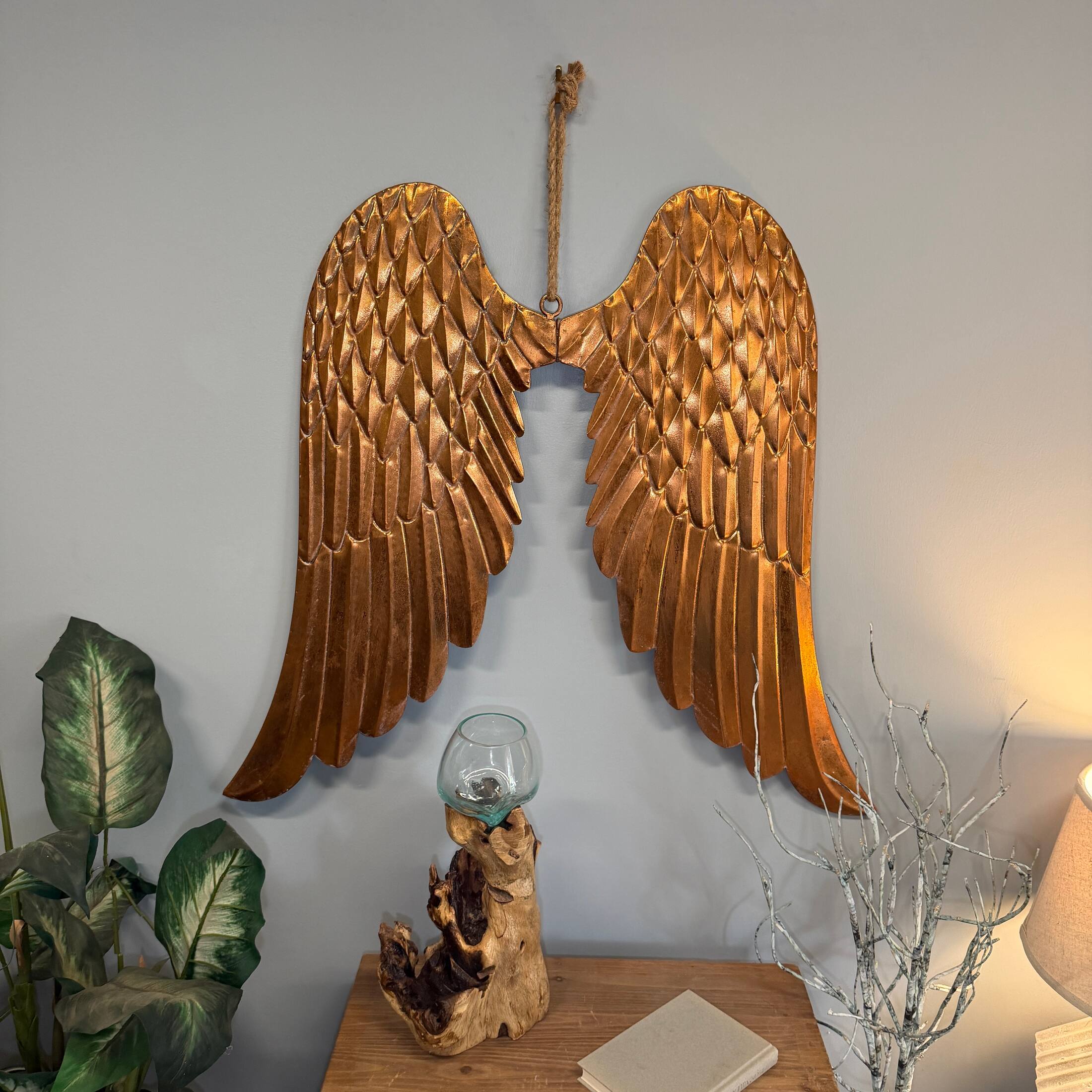 Alt View 3. Zeckos - Metal Angel Wings Wall Sculpture Copper Bronze 34 Inch Wide Jute Hanging Decor - Copper.