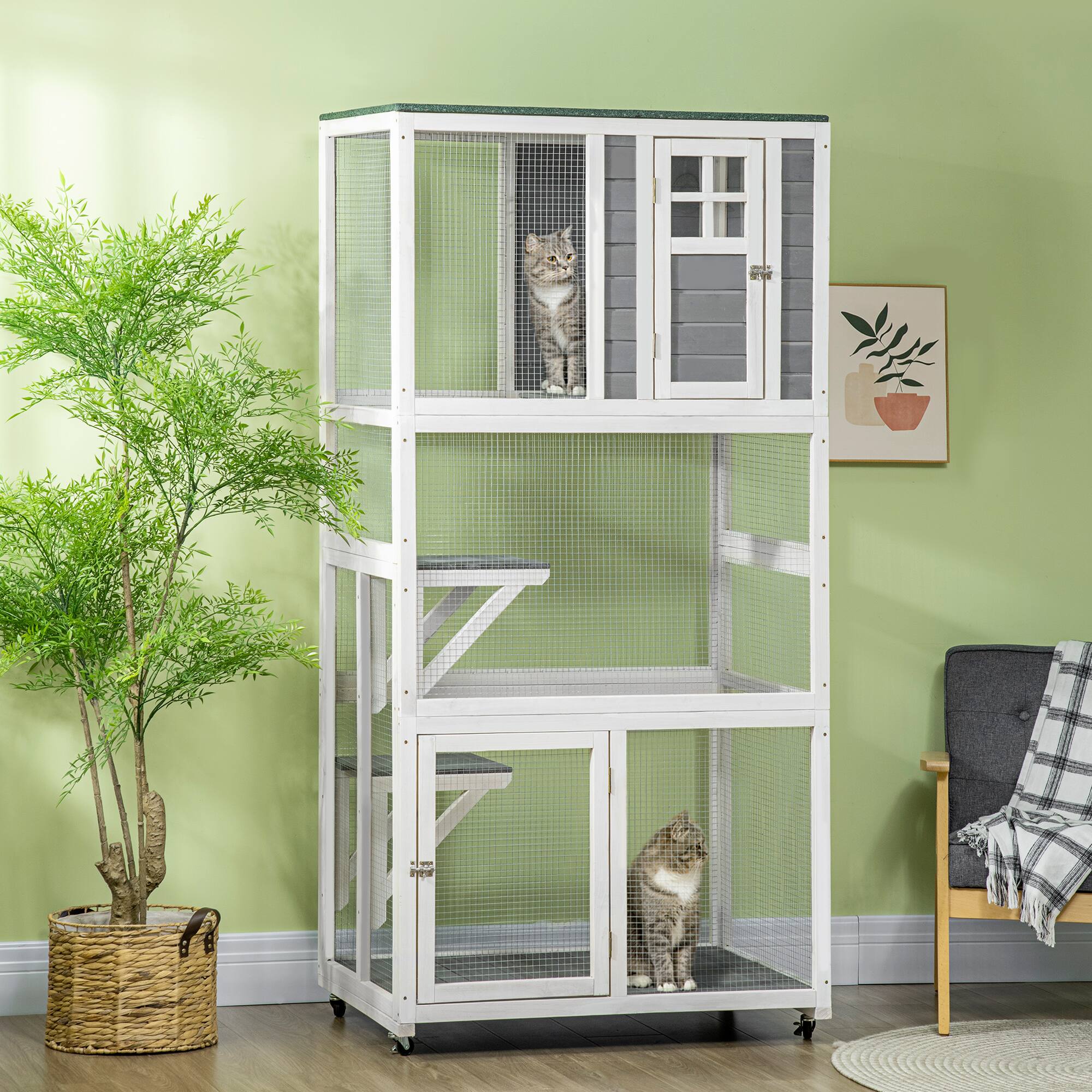 Angle. Siljoy - Gray Wheeled Outdoor Catio, Weatherproof Cat House with Asphalt Roof, High Capacity Cat Enclosure.