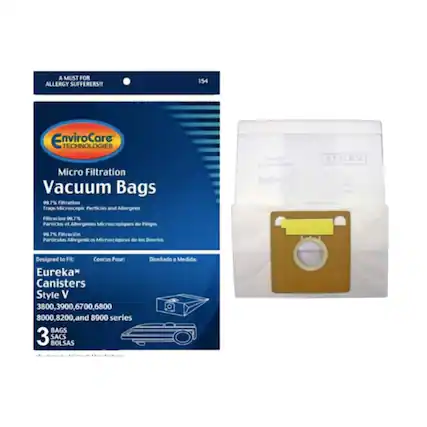 A MUST FOR ALLERGY SUFFERERS!!
154 EnviroCore TECHNOLOGIES Micro Filtration Vacuum Bags
99.7% Filtration Traps Microscopic Particles and Allergens
99.7% Filtration Particles et Allergènes Microscopiques de Pleges
99.7% Filtración Partículas Alérgenicas Microscópicas de los Desvios
Designed to Fit:
Conçu Pour:
Diseñado a Medida:
Eureka* Canisters Style V 3800, 3900, 6700, 6800, 8000, 8200, and 8900 series
BAGS
SACS
BOLSAS