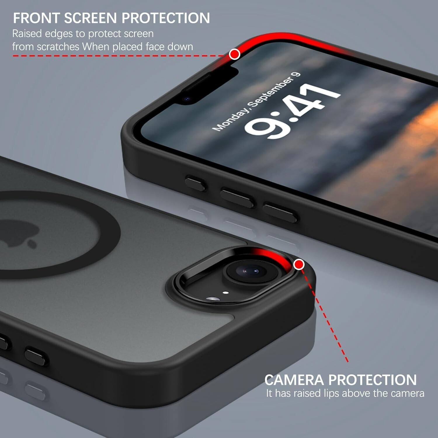 FRONT SCREEN PROTECTION  
Raised edges to protect screen from scratches When placed face down  

CAMERA PROTECTION  
It has raised lips above the camera