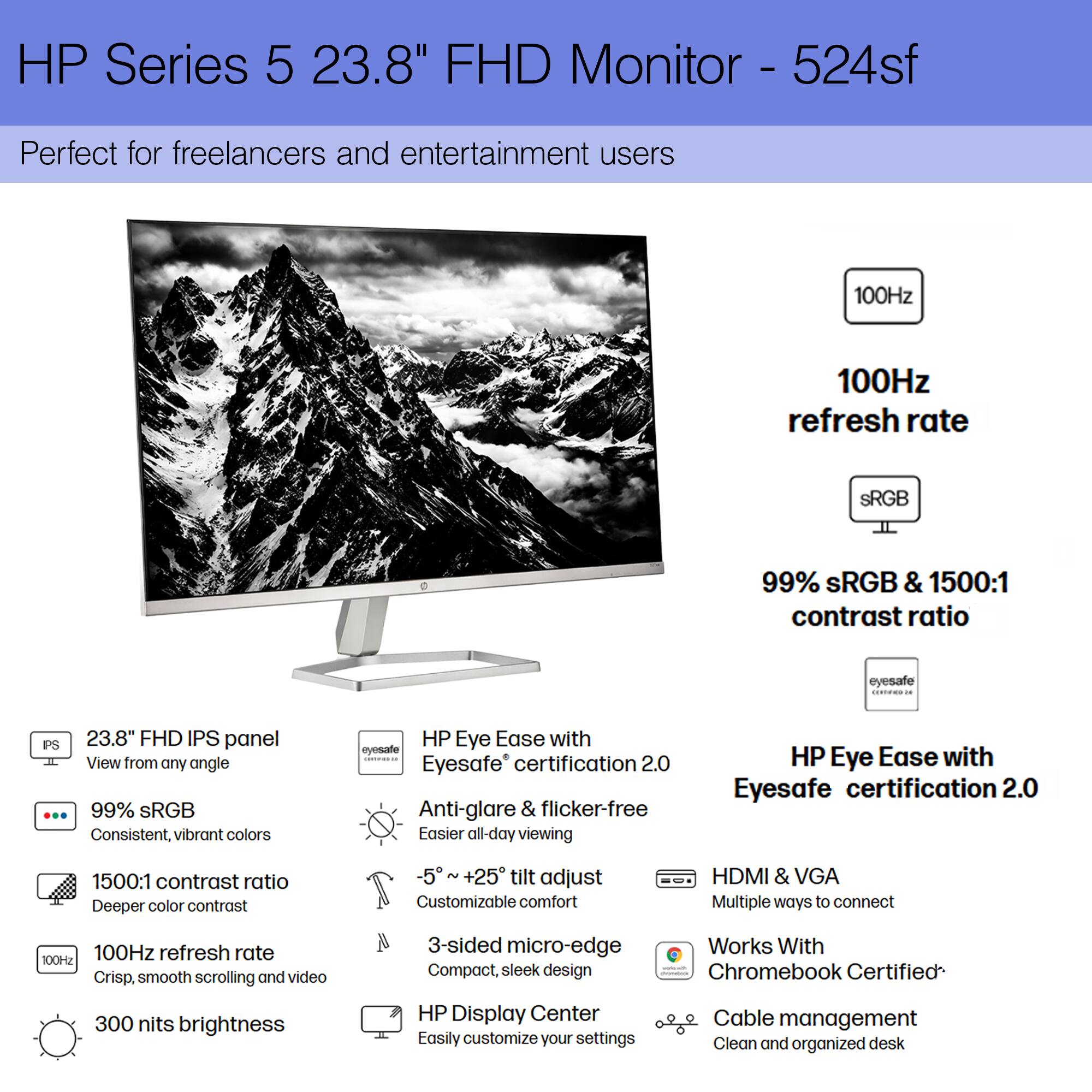 HP Series 5 23.8" FHD Monitor - 524sf

Perfect for freelancers and entertainment users

- 100Hz refresh rate
- 99% sRGB & 1500:1 contrast ratio
- Eyesafe certification 2.0
- 23.8" FHD IPS panel
- 99% sRGB
- 1500:1 contrast ratio
- 100Hz refresh rate
- 300 nits brightness
- 5° + 25° tilt adjust
- HDMI & VGA
- Works With Chromebook Certified
- Cable management
- HP Display Center
- Anti-glare & flicker-free
- Compact, sleek design
- 3-sided micro-edge
- Customizable comfort
- View from any angle
- Consistent, vibrant colors
- Deeper color contrast
- Easier all-day viewing
- Clean and organized desk