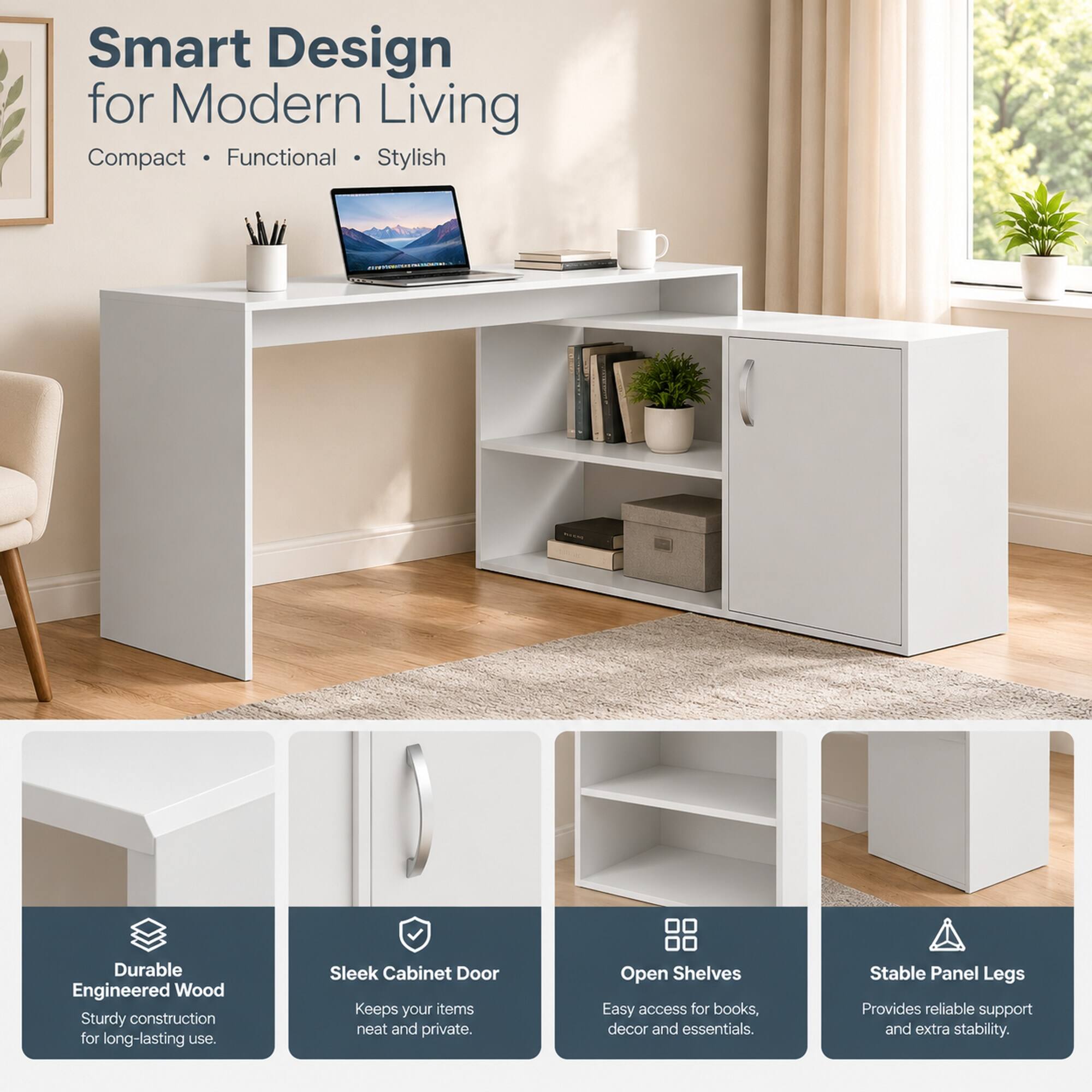 RYHNUYNE Modern L Shaped Computer Desk, 59 Inch Workspace, Right Return ...