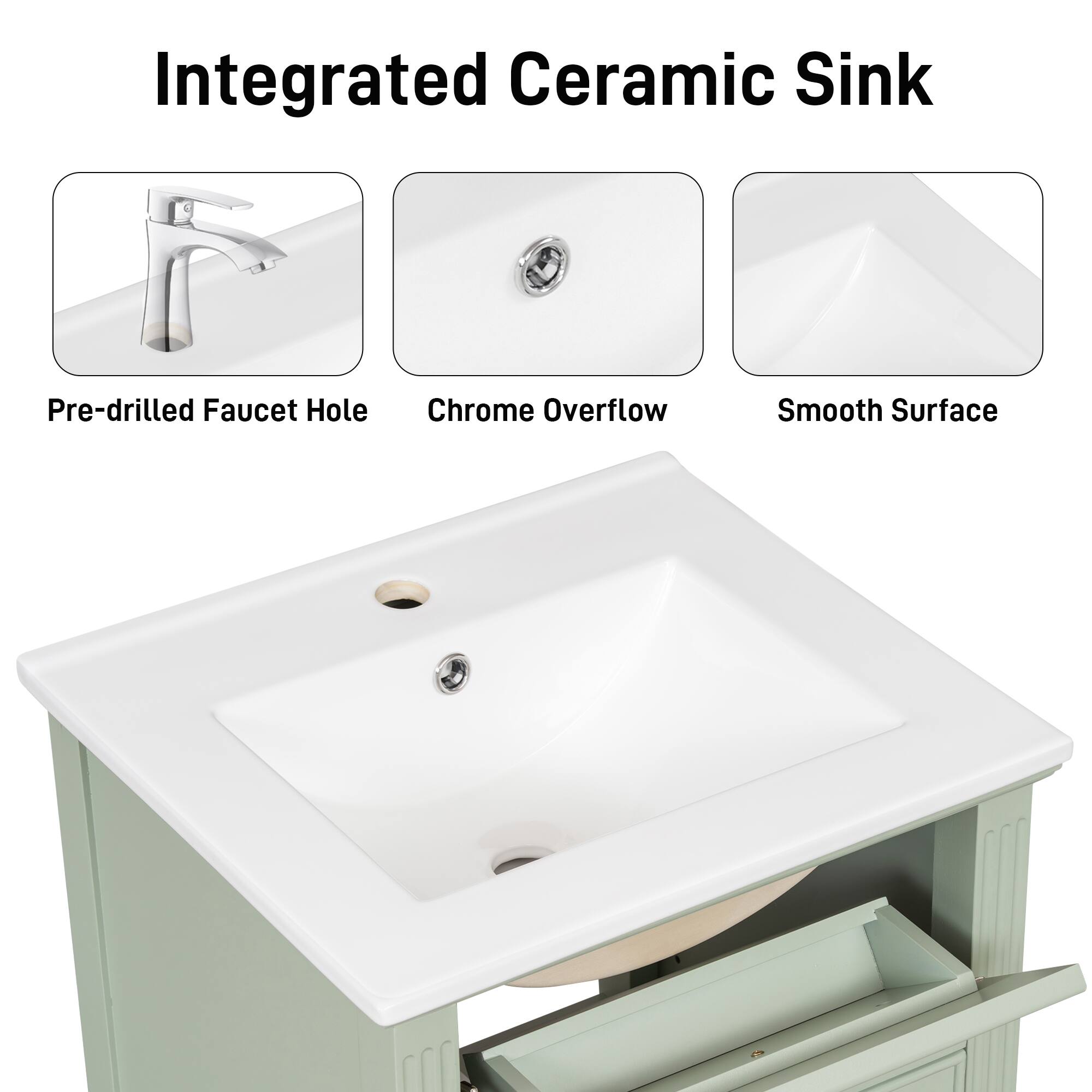 Integrated Ceramic Sink

- Pre-drilled Faucet Hole
- Chrome Overflow
- Smooth Surface