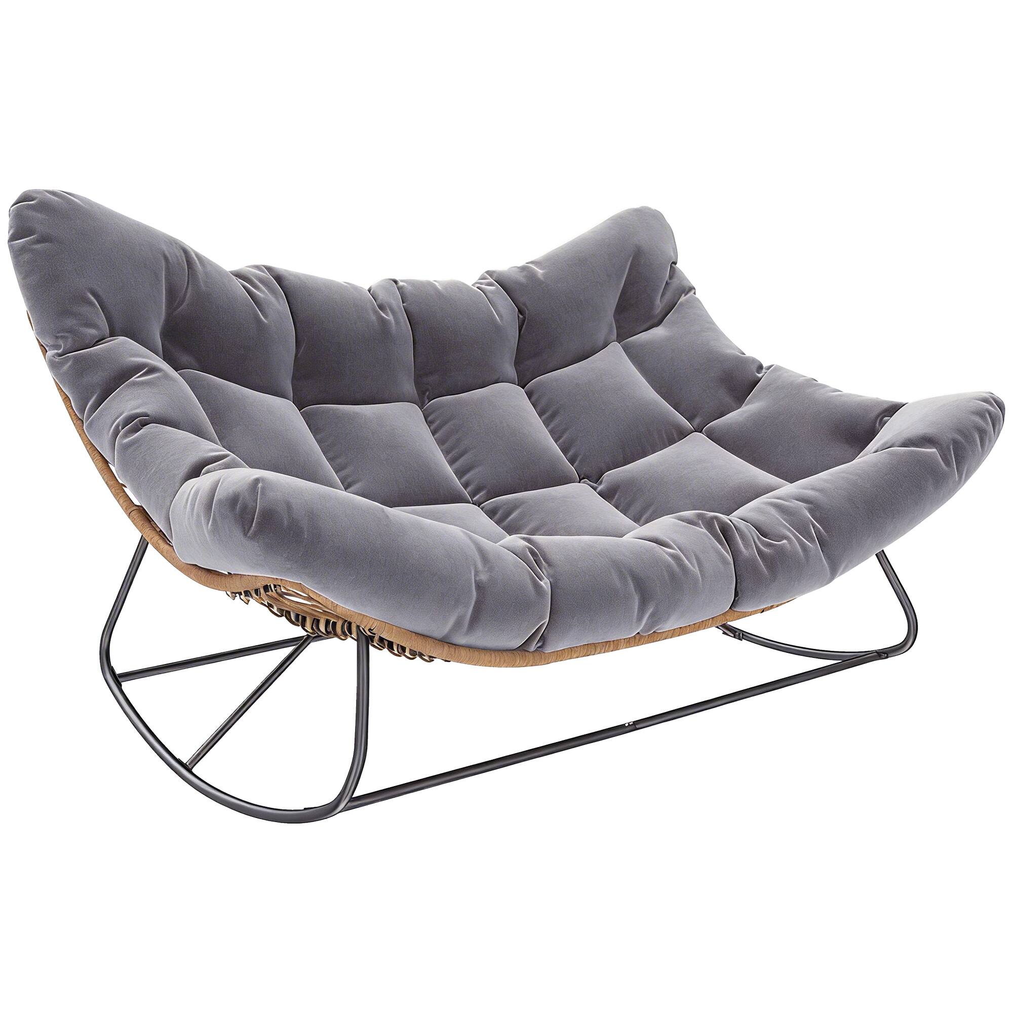 Front. Outsunny - Outdoor Double Papasan Rocking Chair, Oversized Rocking Egg Chair with Cushion for Garden - Gray.
