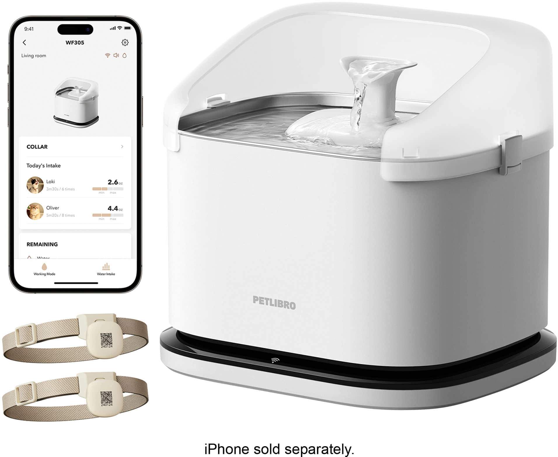 The text on the image reads: "9:41 atl WF305 Living room COLLAR Today's Intake Loki 3m30g A 6 Smes 2.6 D4 - - Oliver Sm2Ds A a times 4.4 - - -.. REMAINING Working Moe water Sk PETLIBRO iPhone sold separately."