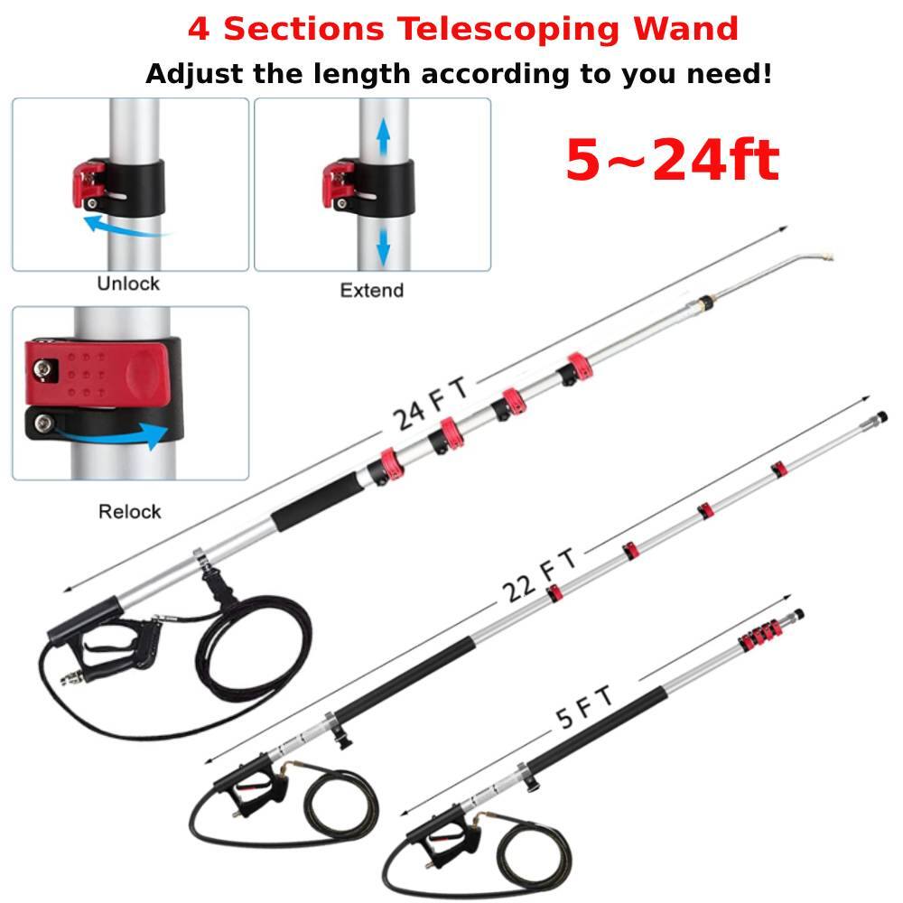 4 Sections Telescoping Wand  
Adjust the length according to your need!  
5 ~ 24ft  

Unlock  
Extend  
Relock  

24 FT  
22 FT  
5 FT
