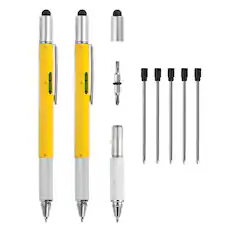 Front. Unique Bargains - 2pcs 6 in 1 Metal Multitool Tech Tool Pen with Ballpoint Pen, Ruler, Screwdriver, Stylus, Level Gauge, Refills - Yellow.