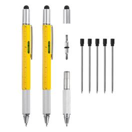 Unique Bargains - 2pcs 6 in 1 Metal Multitool Tech Tool Pen with Ballpoint Pen, Ruler, Screwdriver, Stylus, Level Gauge, Refills - Yellow