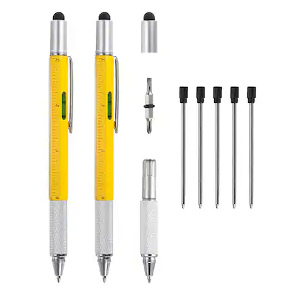 Front. Unique Bargains - 2pcs 6 in 1 Metal Multitool Tech Tool Pen with Ballpoint Pen, Ruler, Screwdriver, Stylus, Level Gauge, Refills - Yellow.