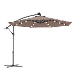 Kadyn - 10 Feet Patio Hanging Solar LED Umbrella Sun Shade with Cross Base-Tan, Outdoor Table Umbrella, Yard Umbrella