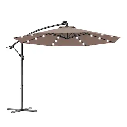 Front. Kadyn - 10 Feet Patio Hanging Solar LED Umbrella Sun Shade with Cross Base-Tan, Outdoor Table Umbrella, Yard Umbrella.