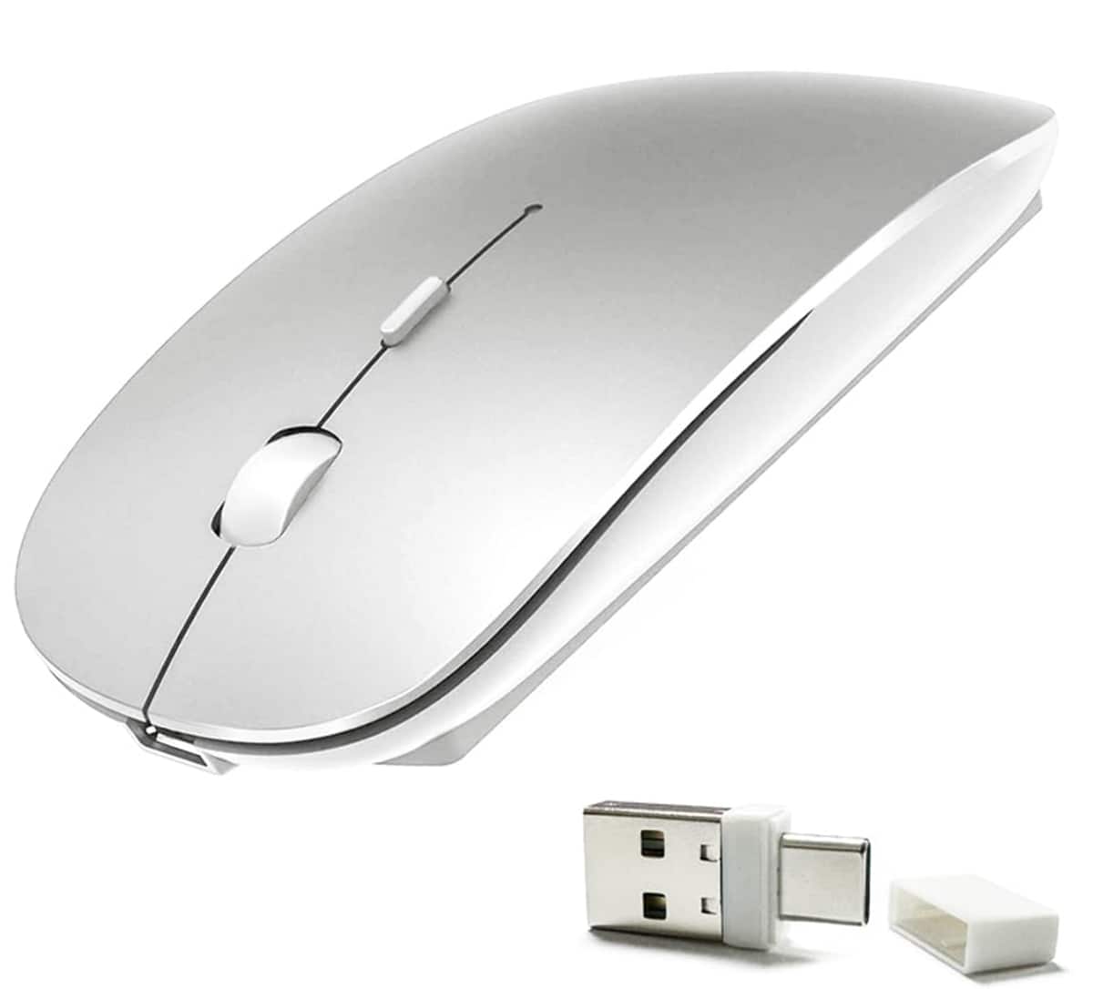 PRIMEPLUS - Upgrade 4-Mode Rechargeable Bluetooth Mouse - Dual-Port 2-in-1 Receiver, Ultra-Silent, 3 DPI - Multi-Device - Wireless - Silver