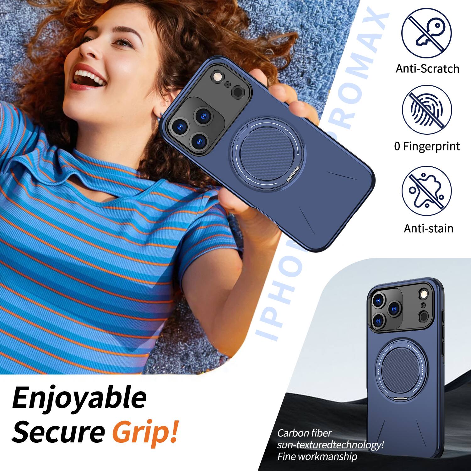 Enjoyable Secure Grip!  
ROMAX Anti-Scratch 0 Fingerprint Anti-stain IPHO Carbon fiber sun-textured technology!  
Fine workmanship