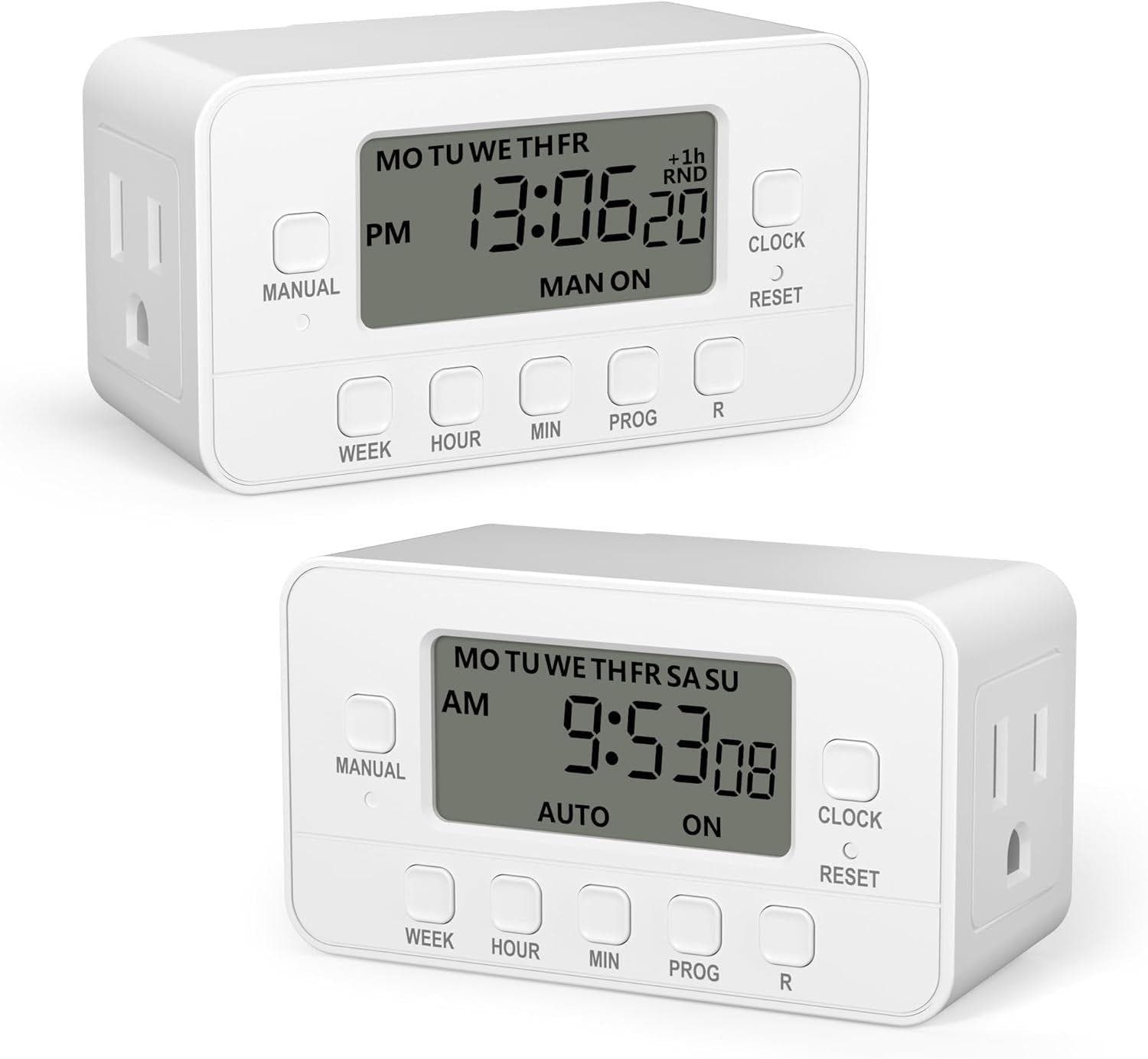 BN-LINK - 7-Day Digital Timer with Dual Outlet, LCD Display, 3-Prong Programmable, 125V 15A 1875W, Heavy Duty, 2 Pack - White
