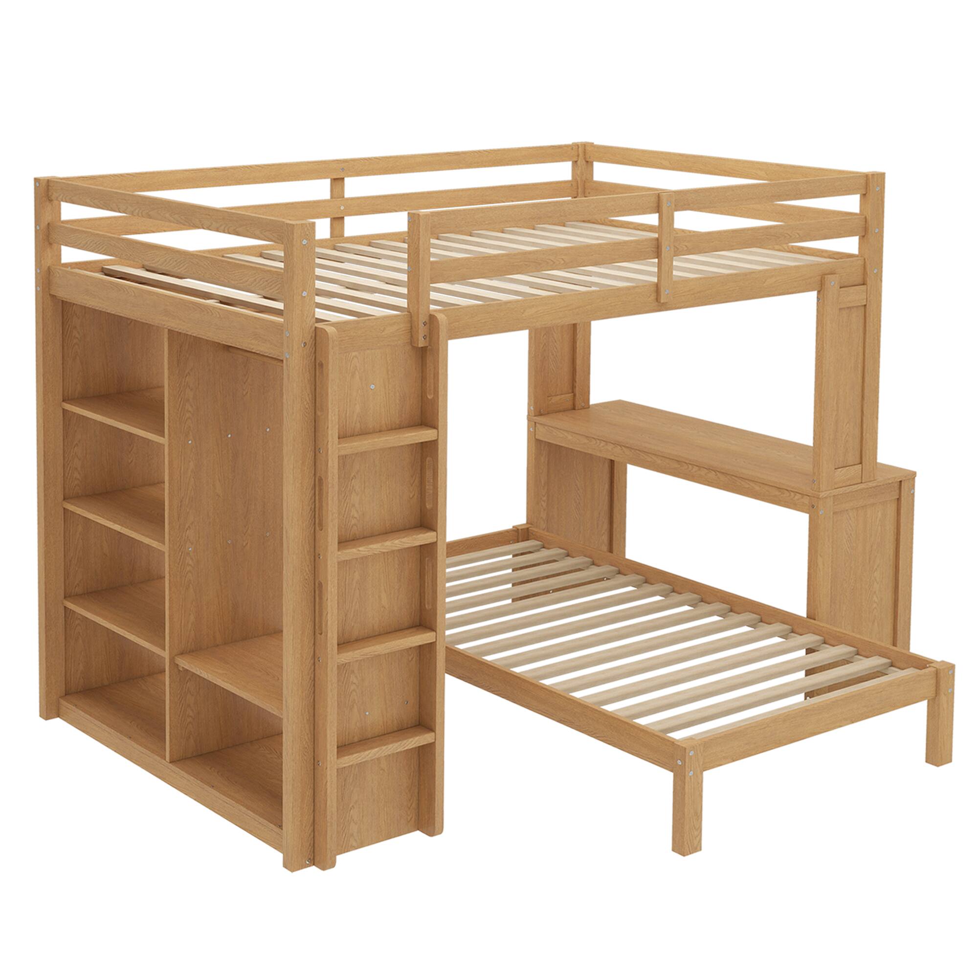 Alt View 1. TinyHomie - Natural Solid Wood Queen Over Twin Bunk Bed Dismountable Desk Shelves Wardrobe - white.