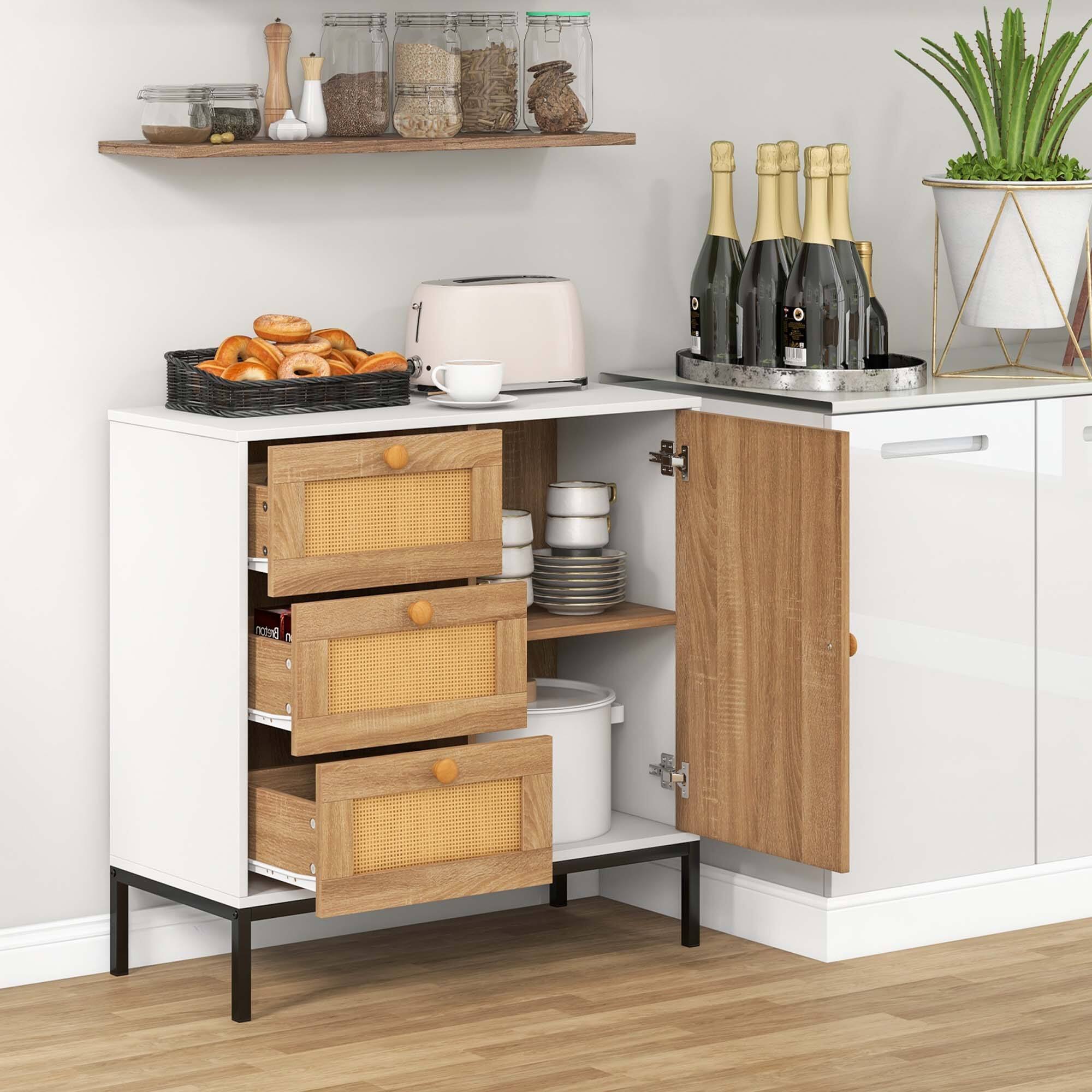 Alt View 8. Costway - Rattan Buffet Sideboard with 3 Drawers & 1 Door Sturdy Metal Legs Storage Cabinet - White + Natural + Black.