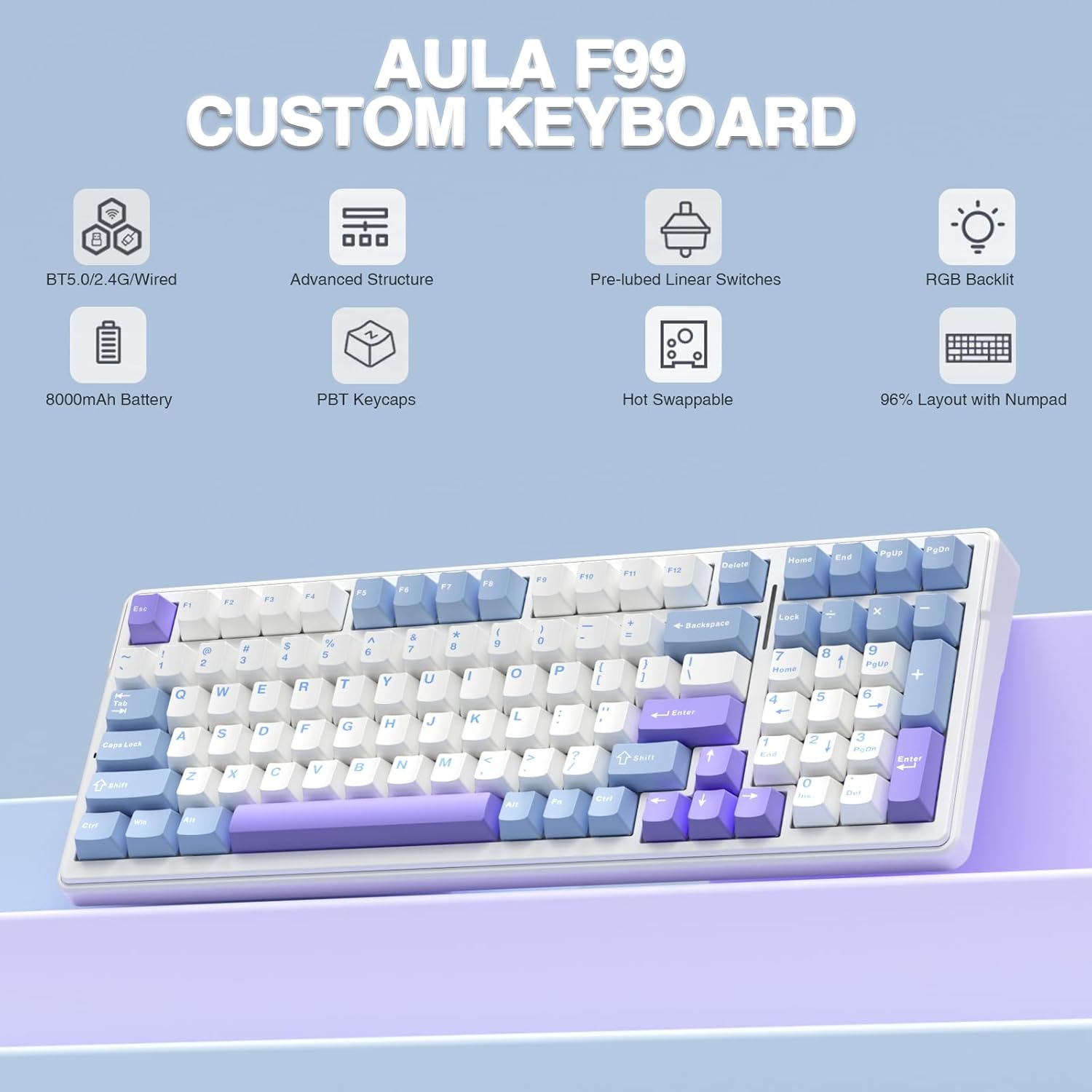 AULA F99 CUSTOM KEYBOARD: BT5.0/2.4G/Wired, Advanced Structure, Pre-lubed Linear Switches, RGB Backlit, 8000mAh Battery, PBT Keycaps, Hot Swappable, 96% Layout with Numpad.