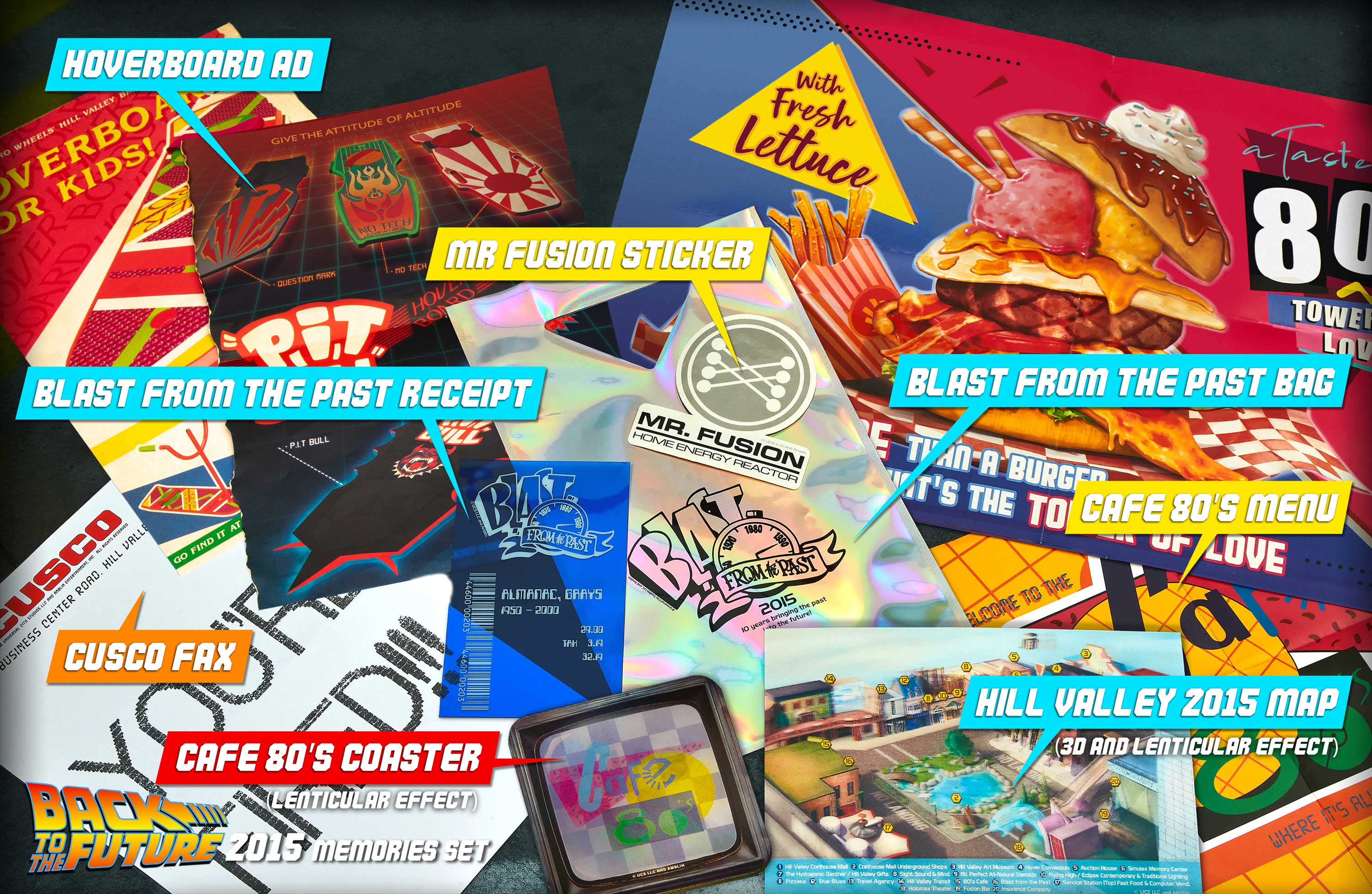 Grouped text:

* Hoverboard AD
* With VALLEY ALTITUDE
* Fresh PEILL OF THE ATTITUDE
* Overboard WHEELS GIVE TO KIDS!
* Lettuce ~Tacte OR NE TH 80 OVER THEM
* MR FUSION STICKER
* a QUESTION TOWE RIT
* LoV BLAST FROM THE PAST RECEIPT
* BLAST FROM THE PAST BAG
* ILC MR. PIT BULL HOME FUSION E ENERGY T
* A REACTOR BURGER BATT
* CUSCO FAX 009% PLGE K0200
* HILL VALLEY 2015 MAP (3D AND LENTICULAR EFFECT)
* CAFE 80'S COASTER (LENTICULAR EFFECT)
* AL BAK WHERE IT'S TO FUTURE 2015 MEMORIES SET THE

Corrected text:

* Hoverboard AD With VALLEY ALTITUDE Fresh PEILL OF THE ATTITUDE Overboard WHEELS GIVE TO KIDS! Lettuce ~Tacte OR NE TH 80 OVER THEM MR FUSION STICKER a QUESTION TOWE RIT LoV BLAST FROM THE PAST RECEIPT BLAST FROM THE PAST BAG ILC MR. PIT BULL HOME FUSION E ENERGY T A REACTOR BURGER BATT CUSCO FAX 009% PLGE K0200 HILL VALLEY 2015 MAP (3D AND LENTICULAR EFFECT) CAFE 80'S COASTER (LENTICULAR EFFECT) AL BAK WHERE IT'S TO FUTURE 2015 MEMORIES SET THE