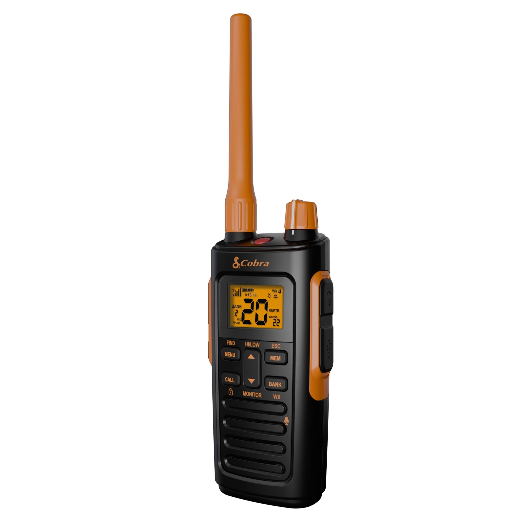 The image features a radio with a large antenna, which is a Cobra radio. The radio is set to channel 20, and it has a weather alert feature. The radio also has a menu and memory bank, which allows users to store and recall information. The radio is designed to monitor weather conditions and provide alerts to users.