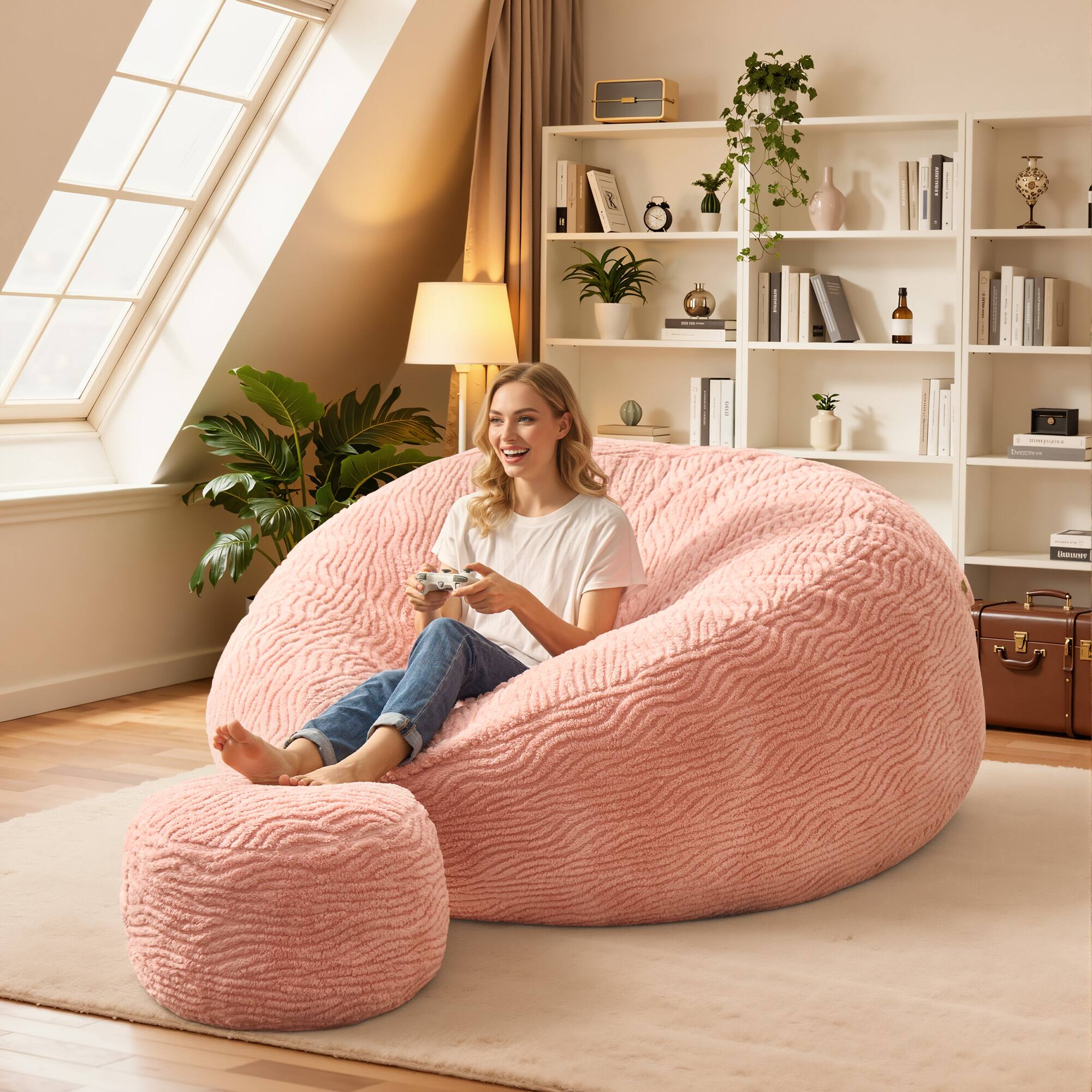 Alt View 2. Ovios - 59" Big Bean Bag Chair with Removable Cover & Ottoman for Living Room Bedroom - Pink(Striped).