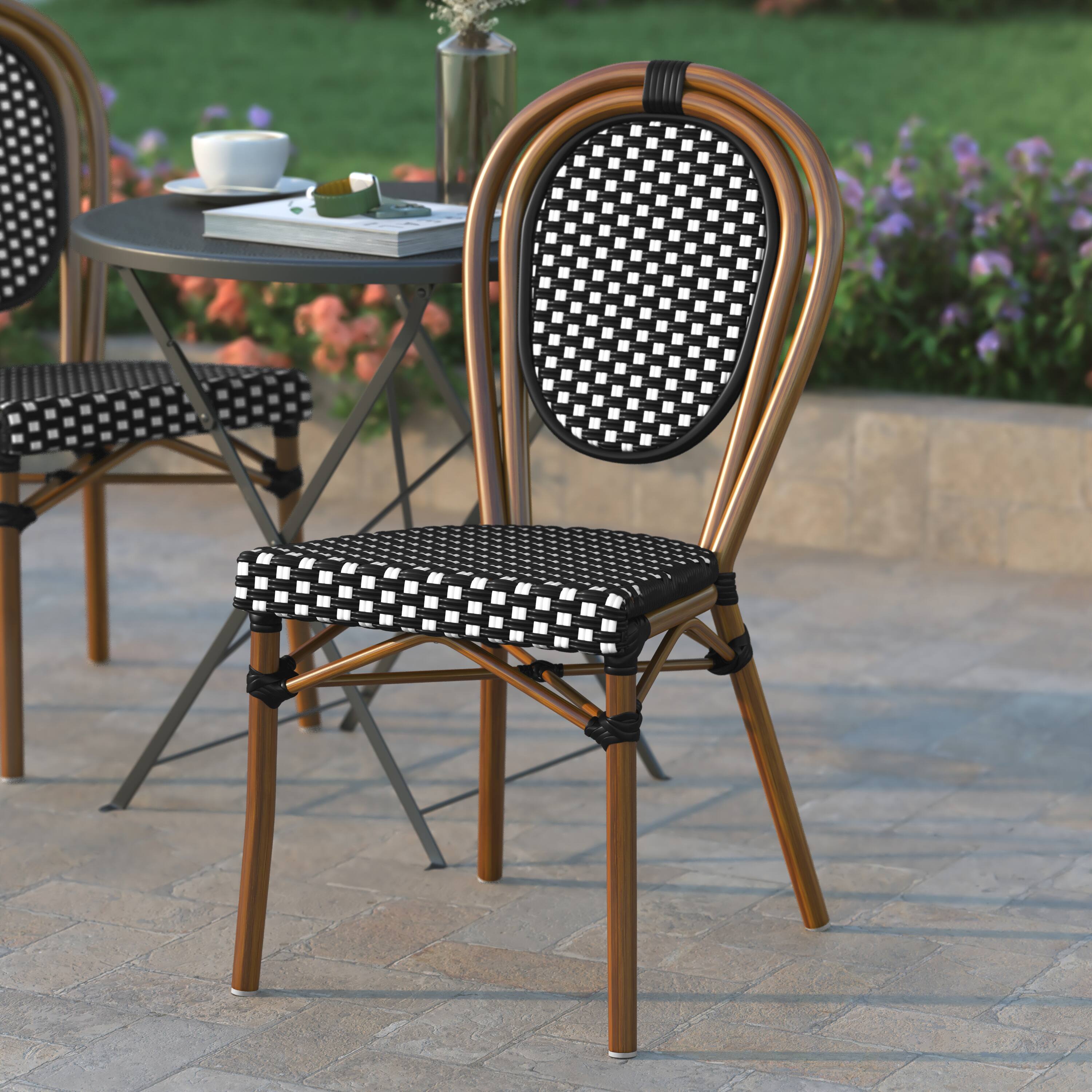 Alt View 3. Emma + Oliver - Colmar Indoor/Outdoor Stacking Thonet Bistro Style Chair with PE Rattan Seat and Metal Frame - Black & White/Natural Frame.