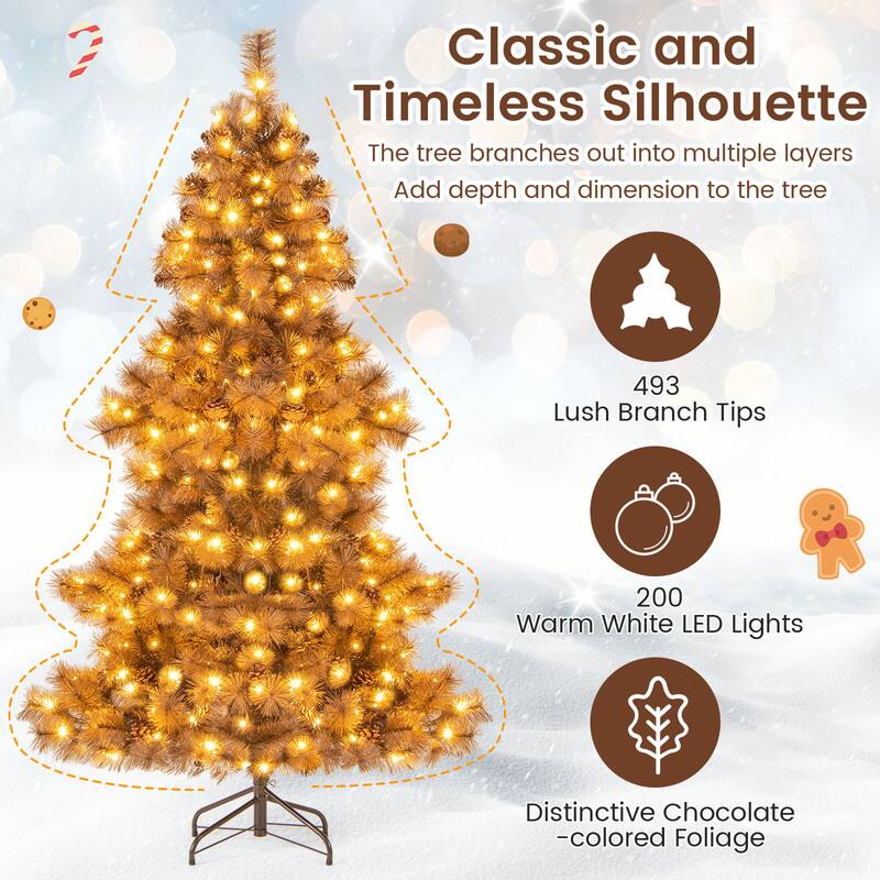 Classic and Timeless Silhouette  
The tree branches out into multiple layers  
Add depth and dimension to the tree  

493 Lush Branch Tips  
200 Warm White LED Lights  
Distinctive Chocolate-colored Foliage