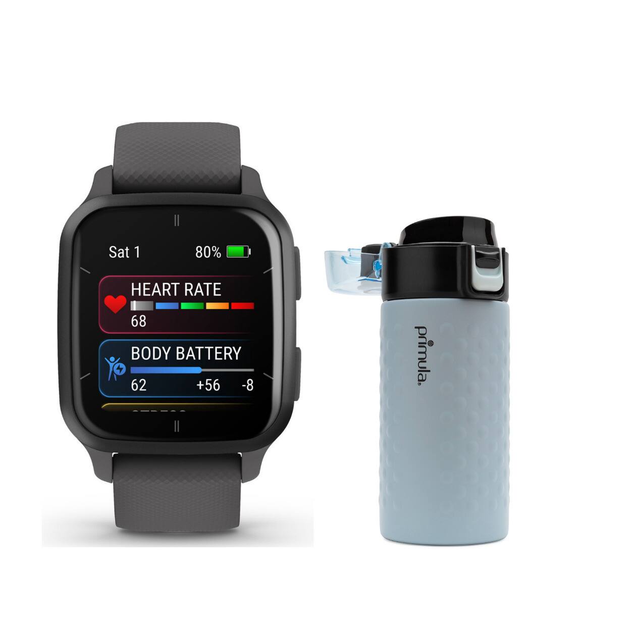 The text on the image reads: "Sat 1 80% HEART RATE 68 BODY BATTERY 4 62 +56 -8 primula." The text is grouped as follows:

"Sat 1 80% HEART RATE 68 BODY BATTERY 4 62 +56 -8 primula."