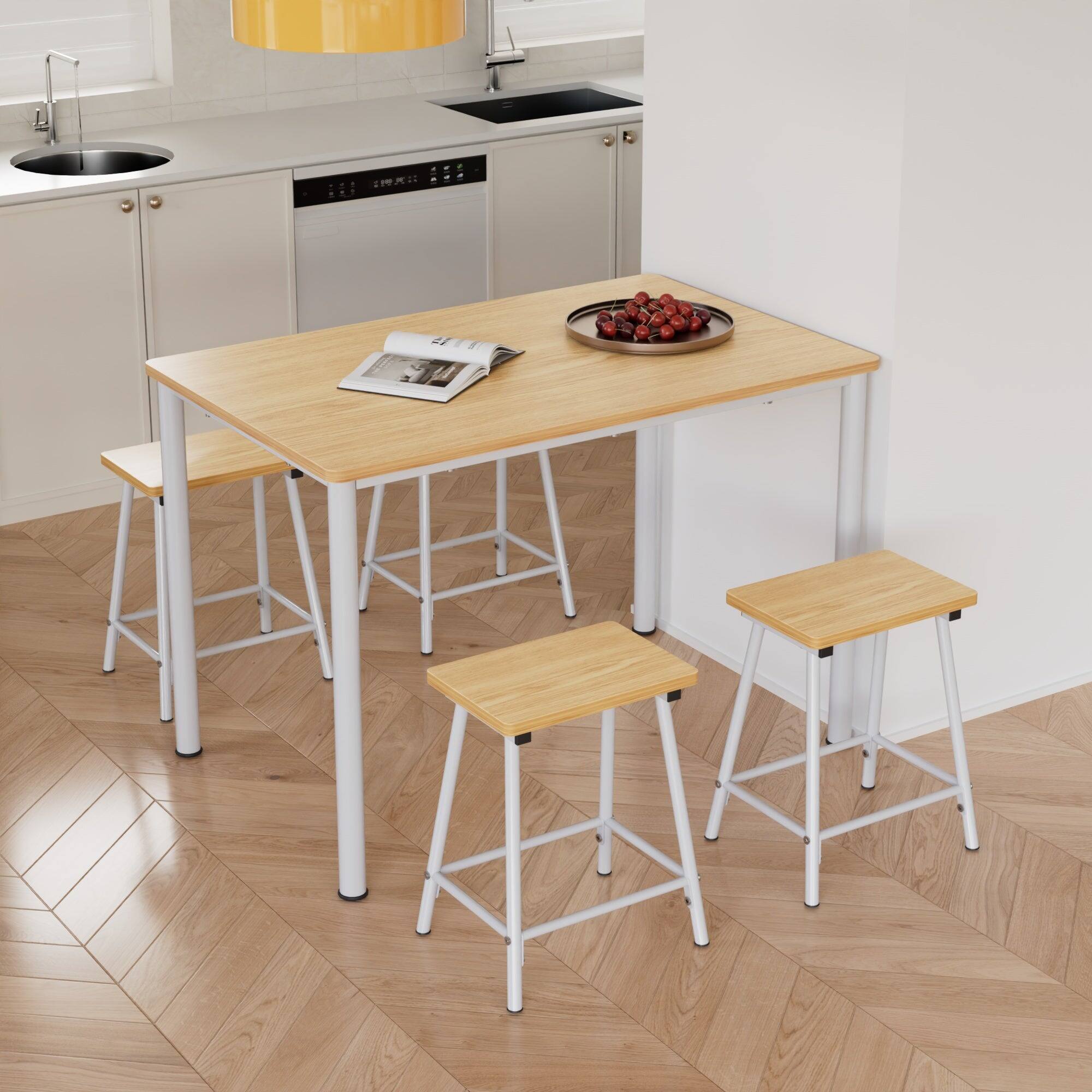 Alt View 5. Vecelo - Modern Industrial 4-Seat Dining Table Set with Space-Saving Stools, Durable Wood & Metal,Oak - Natural Oak.