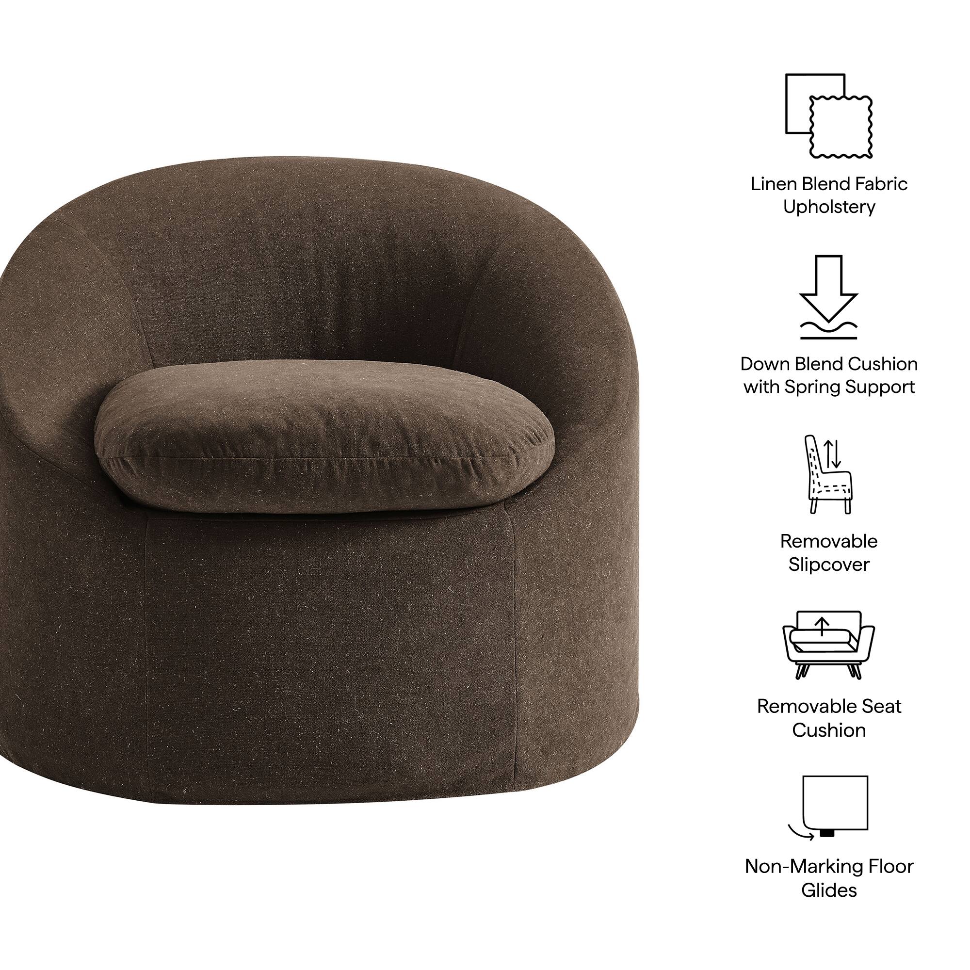 Linen Blend Fabric Upholstery  
Down Blend Cushion with Spring Support  
Removable Slipcover  
Removable Seat Cushion  
Non-Marking Floor Glides