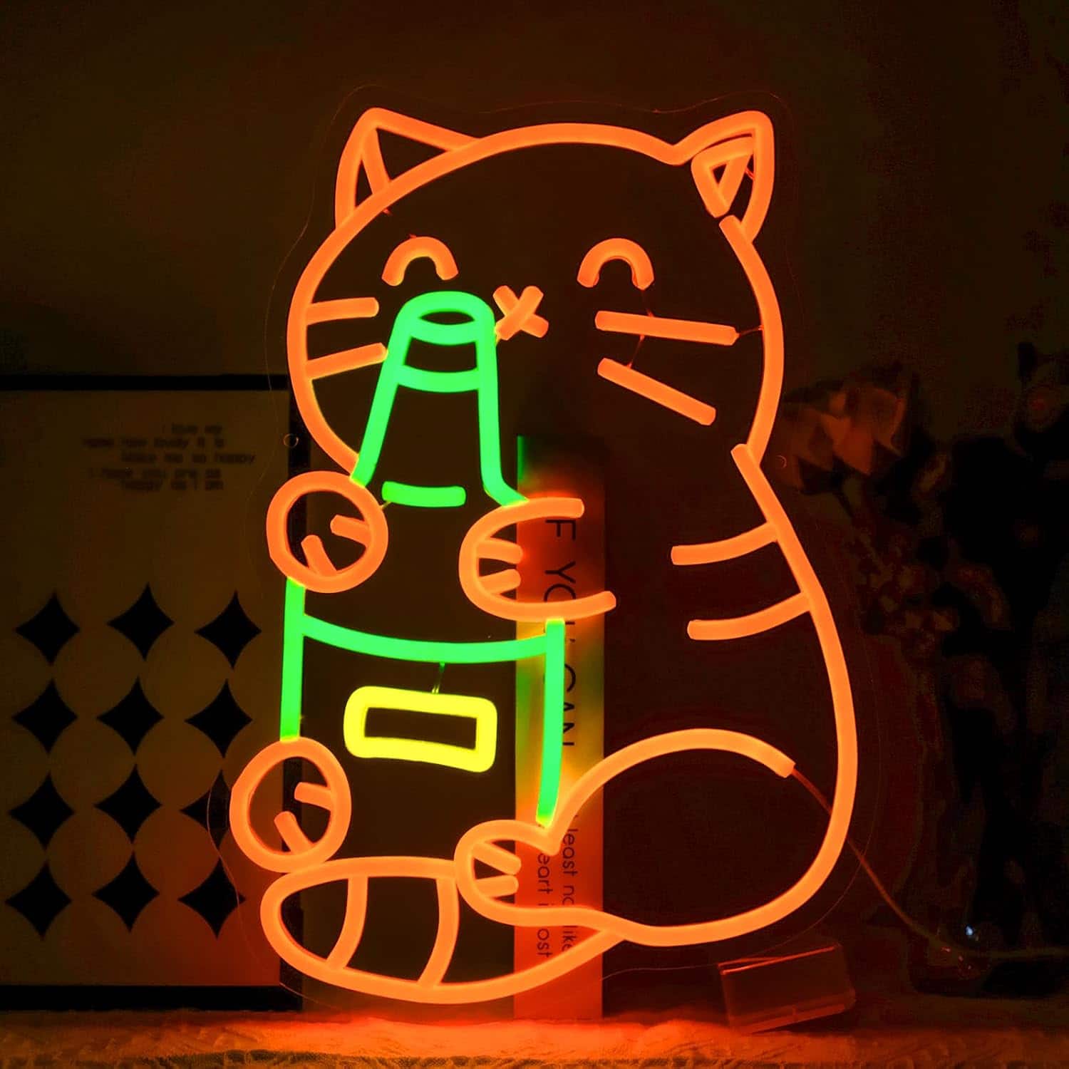 Auledio - Drinking Cat Neon Sign for Wall Decor Dimmable Cat Led Lights Signs Cat Beer Neon Signs Open Neon Light for Room Decor - multicolour