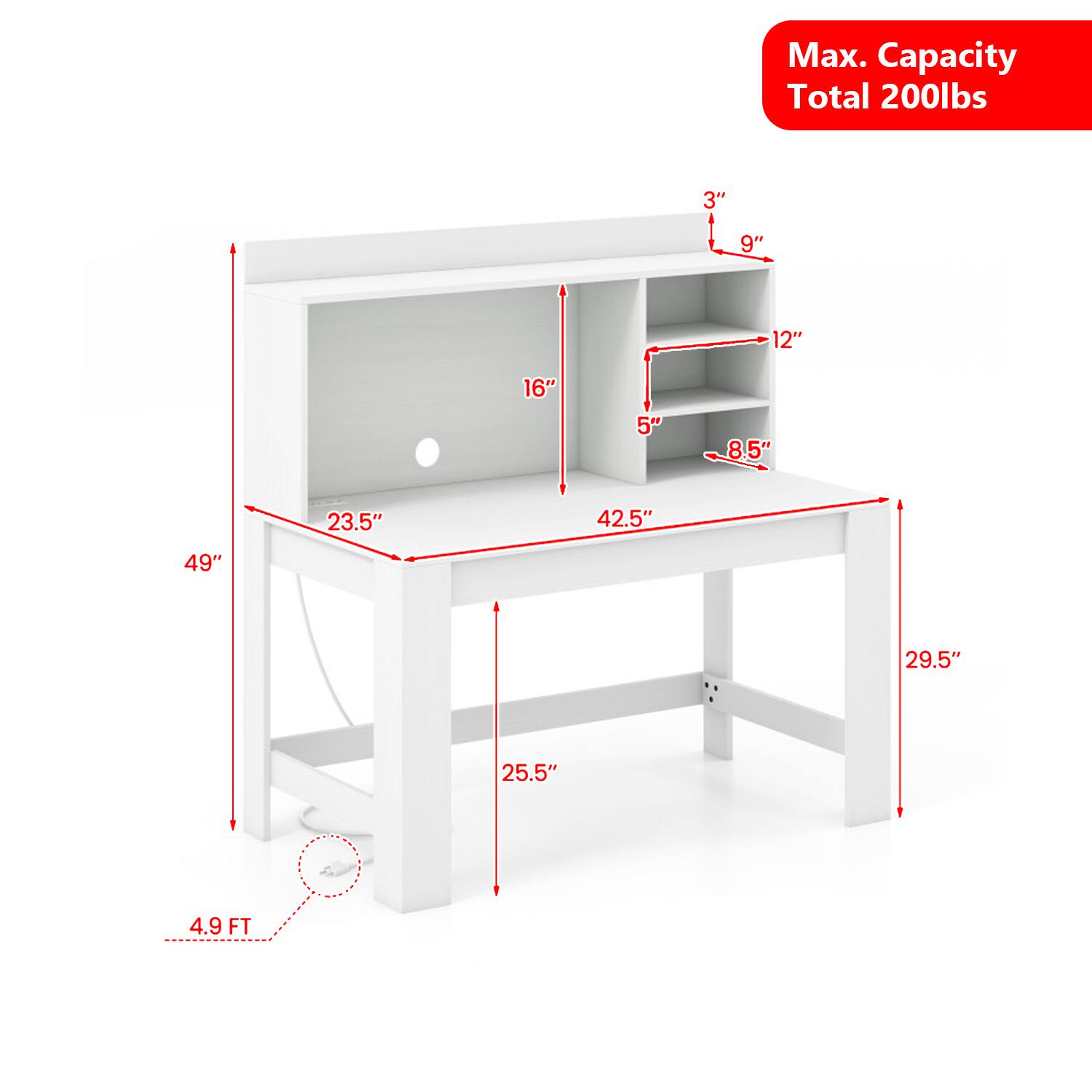 Max. Capacity Total 200lbs  
3" 9" 12" 16" 5" 8.5" 23.5" 42.5" 49" 29.5" 25.5" 4.9 FT