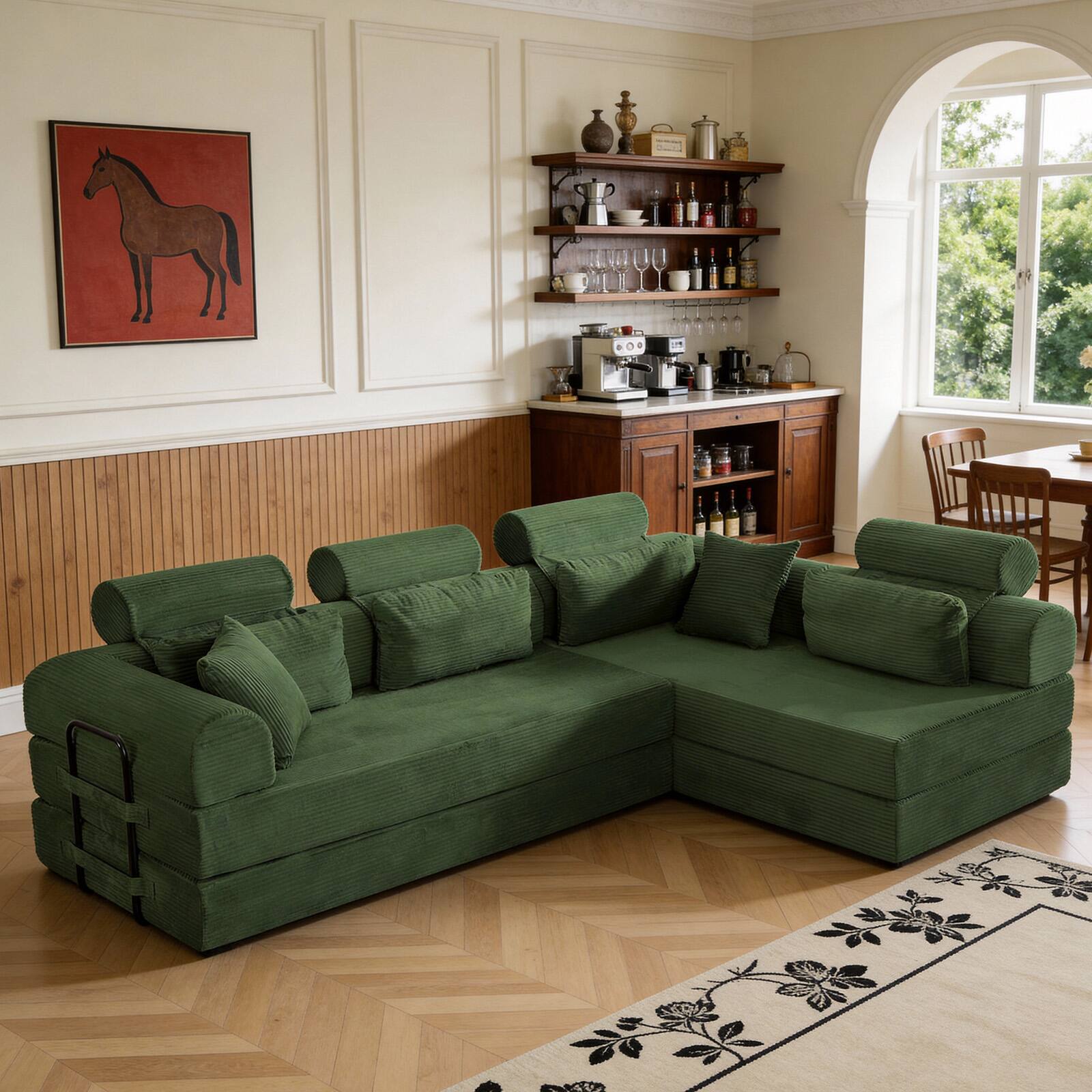 Anysun - L-Shape Corduroy Modular Sectional Sofa - Minimalist Compressed Design, Unfolds into Bed, Space-Efficient - Green