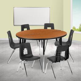Emma + Oliver - 47.5" Circle Wave Collaborative Laminate Activity Table Set with 18" Student Stack Chairs, Grey/Black - Oak