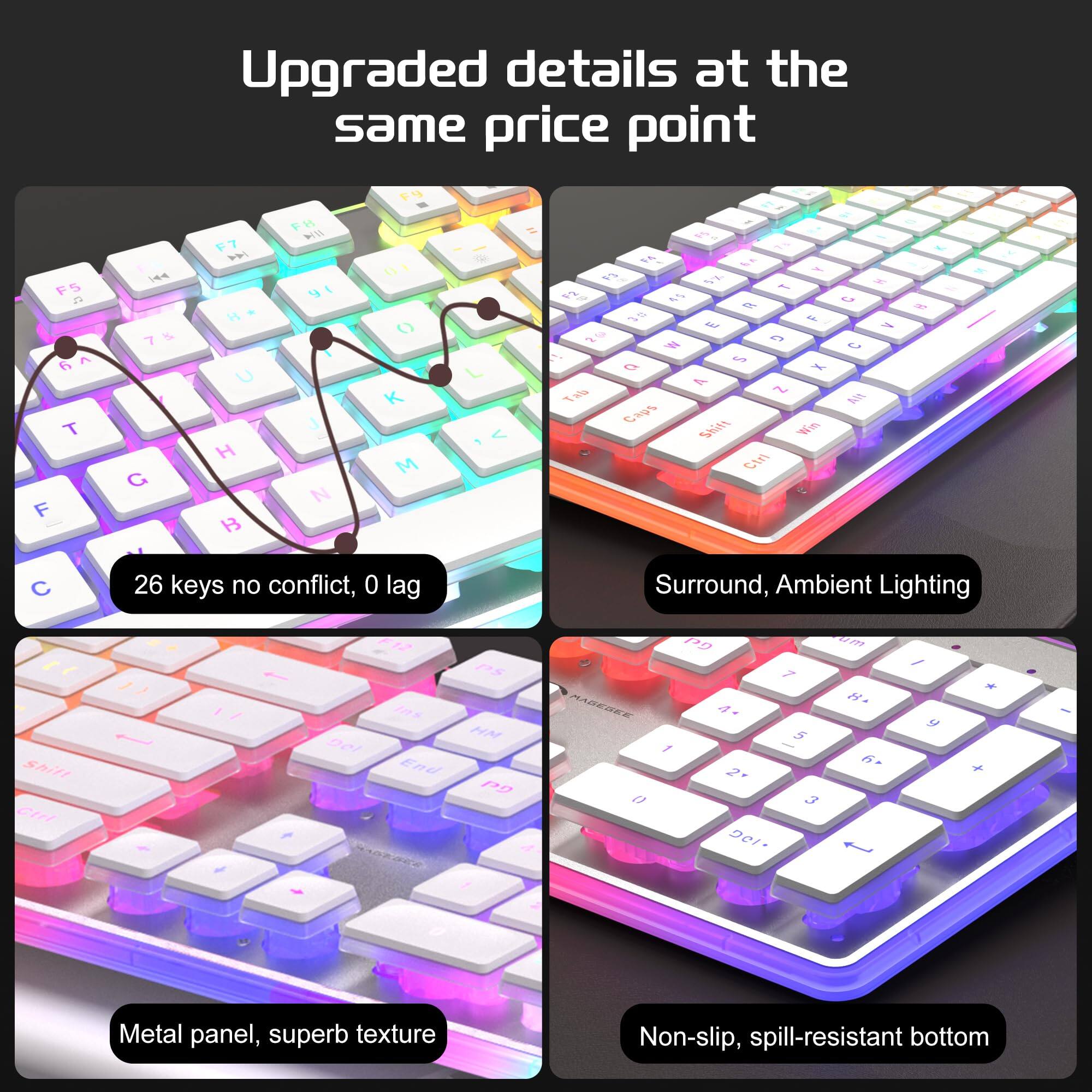 Upgraded details at the same price point

- 26 keys no conflict, 0 lag
- Surround, Ambient Lighting
- Metal panel, superb texture
- Non-slip, spill-resistant bottom