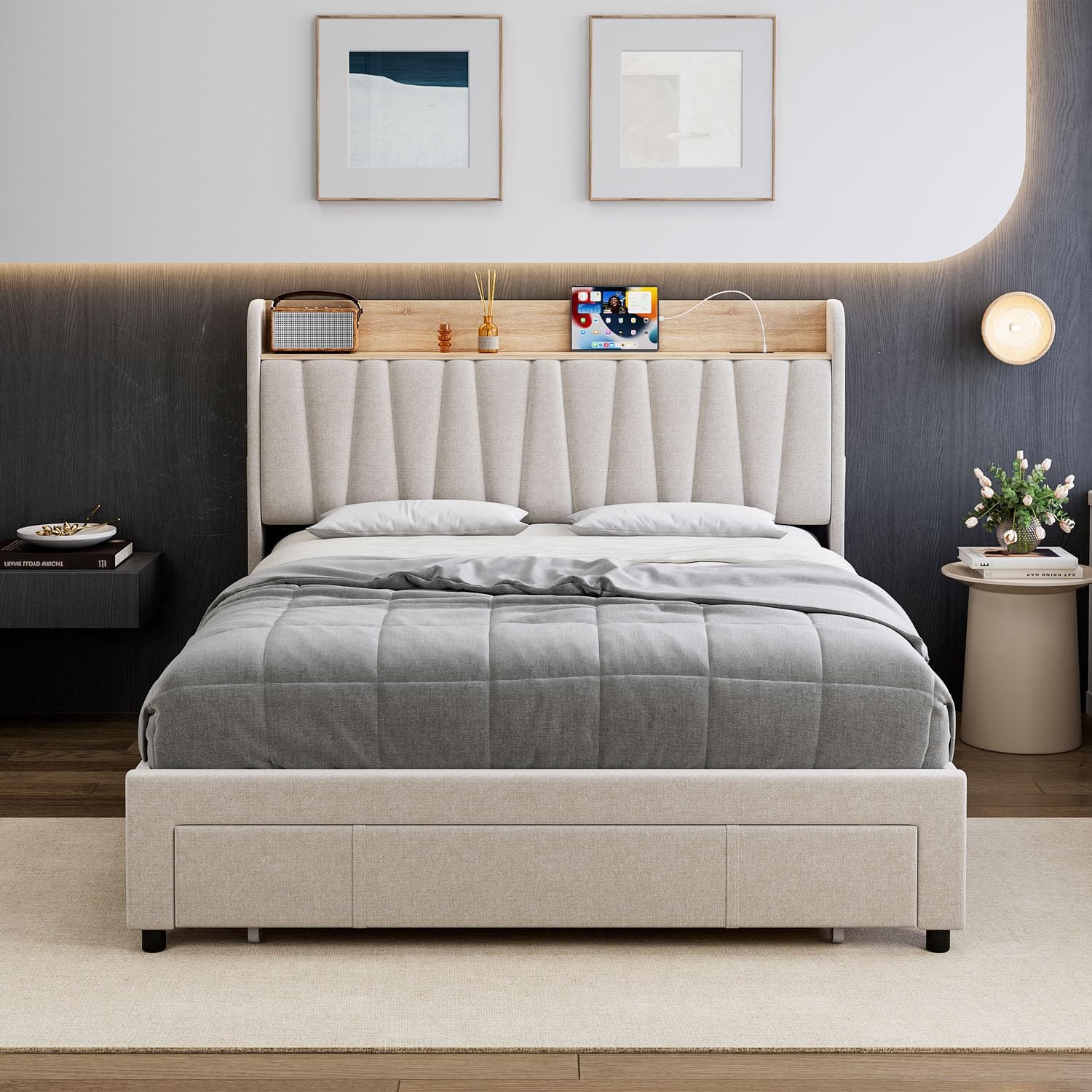 Alt View 4. GARVEE - Upholstered Bed Frame with Drawer and Storage Headboard, Wooden Slats Support, Modern Platform Base - Beige.