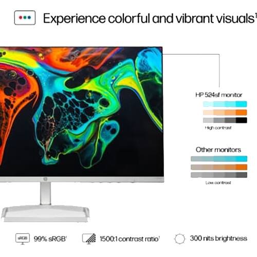 Experience colorful and vibrant visuals with the HP 524sf monitor. High contrast ensures superior image quality compared to other monitors with low contrast. The monitor features 99% sRGB color accuracy, a 1500:1 contrast ratio, and 300 nits brightness.