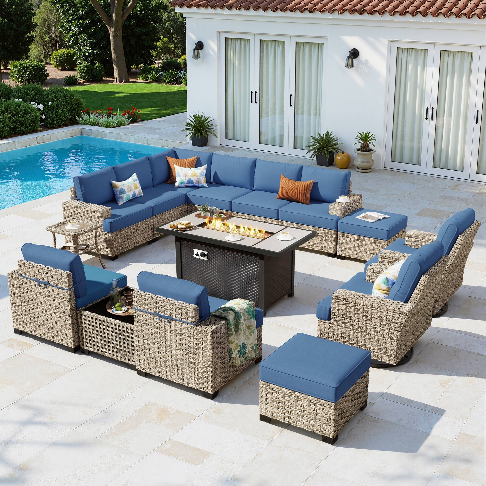 Ovios - 15 PCS Patio Furniture Sofa Set Sectional Couch with Swivel Chair, 54" Fire Pit Table & Ottoman - Denim Blue