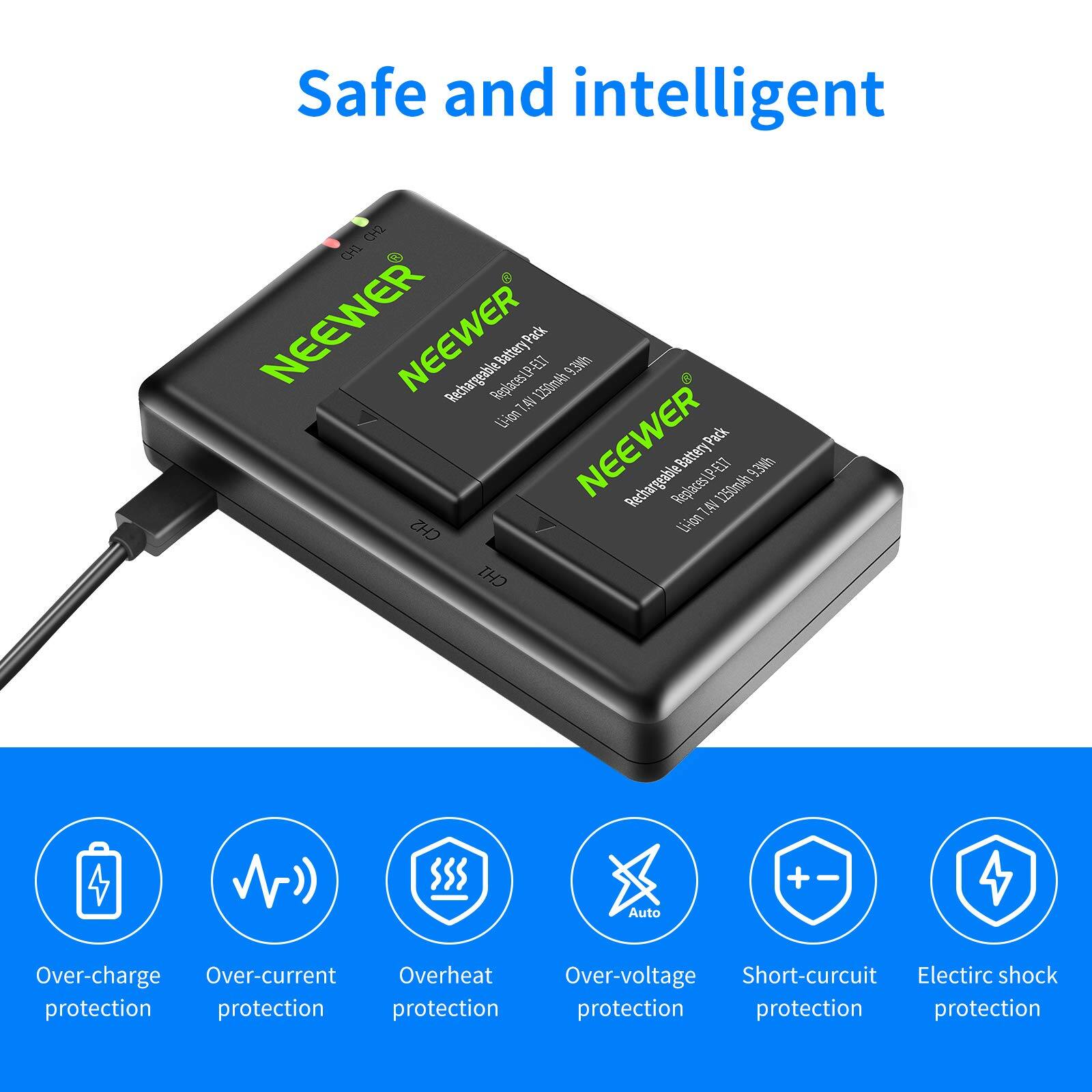 Safe and intelligent

NEEWER Rechargeable Battery Pack P3 1250mAh 9.36h 7A Li-ion NEEWER Pack Battery LP-EX7 6 Rechargeable

- Over-charge protection
- Over-current protection
- Overheat protection
- Over-voltage protection
- Short-circuit protection
- Electric shock protection