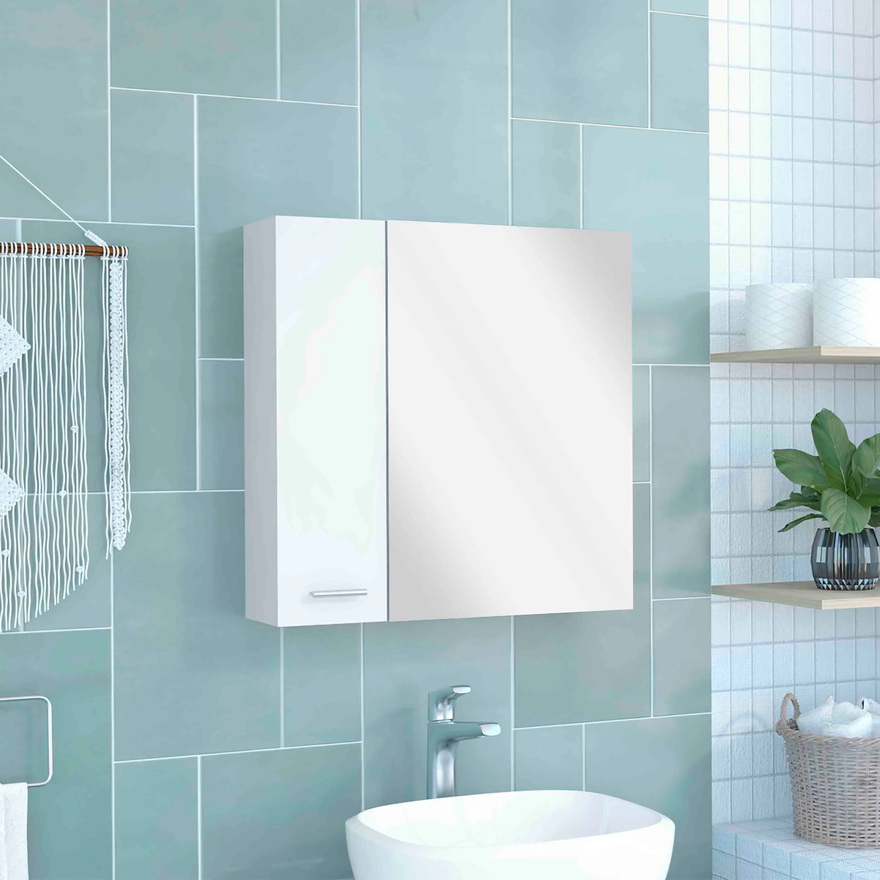 Angle. TuHome - Sines Medicine Cabinet, Four Internal Shelves, Double Door - White.