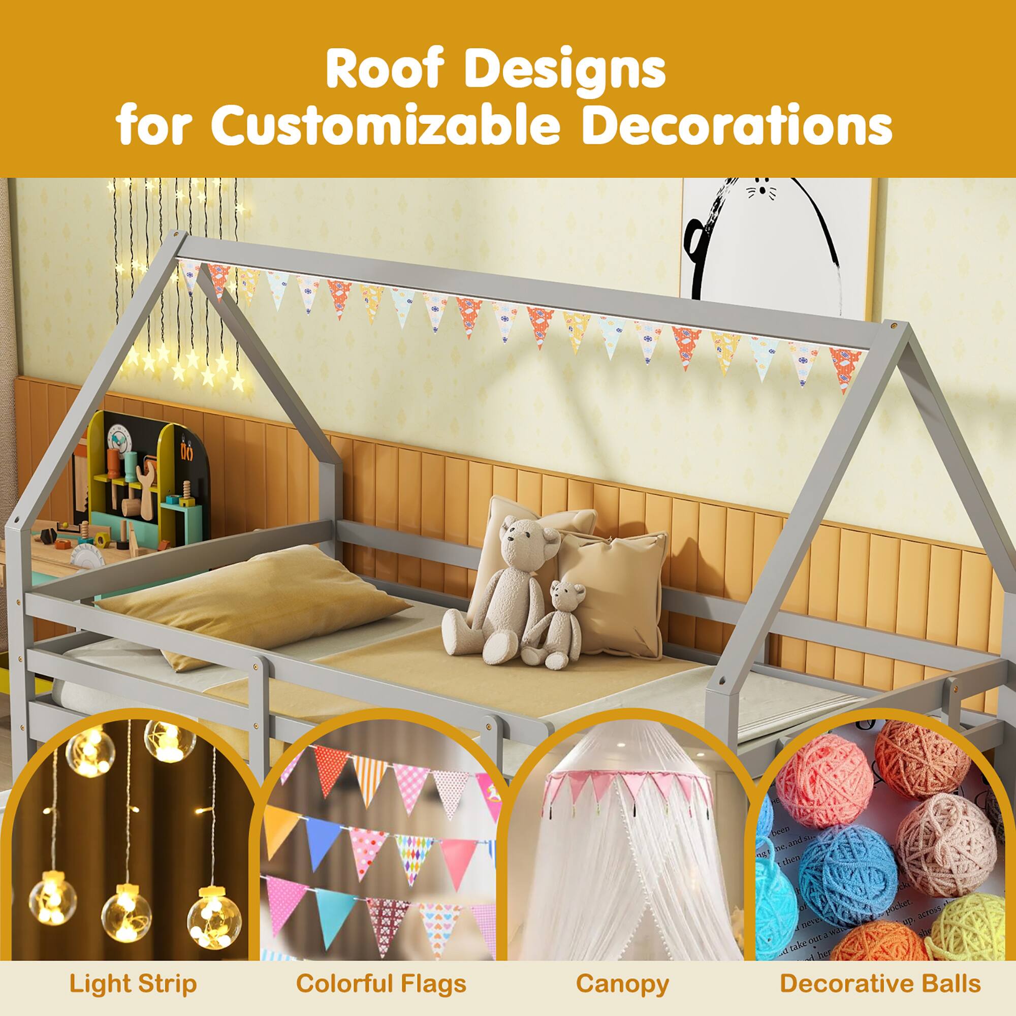 Roof Designs for Customizable Decorations

- Light Strip
- Colorful Flags
- Canopy
- Decorative Balls