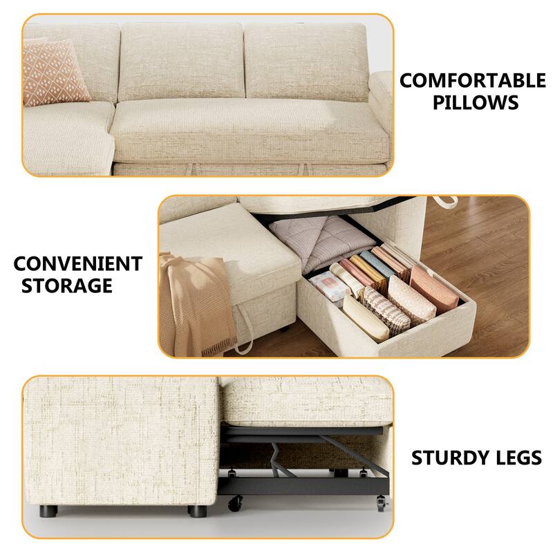 COMFORTABLE PILLOWS  
CONVENIENT STORAGE  
STURDY LEGS